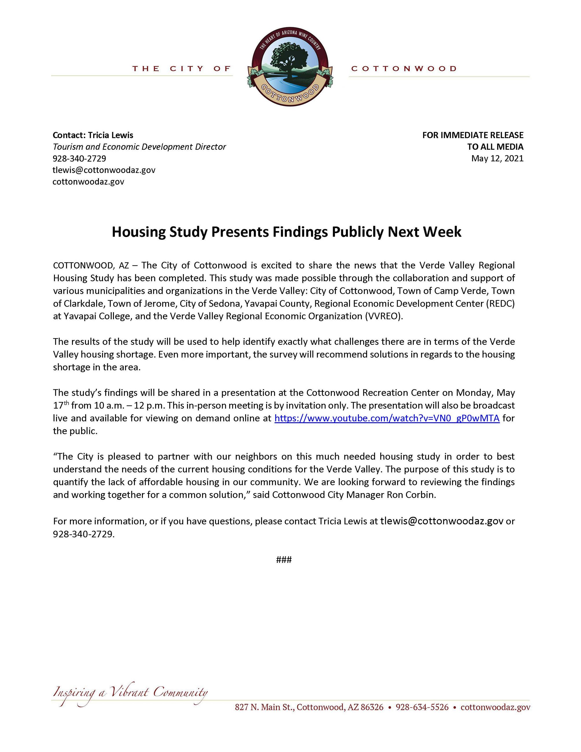 PRESS RELEASE - Housing Study Presentation