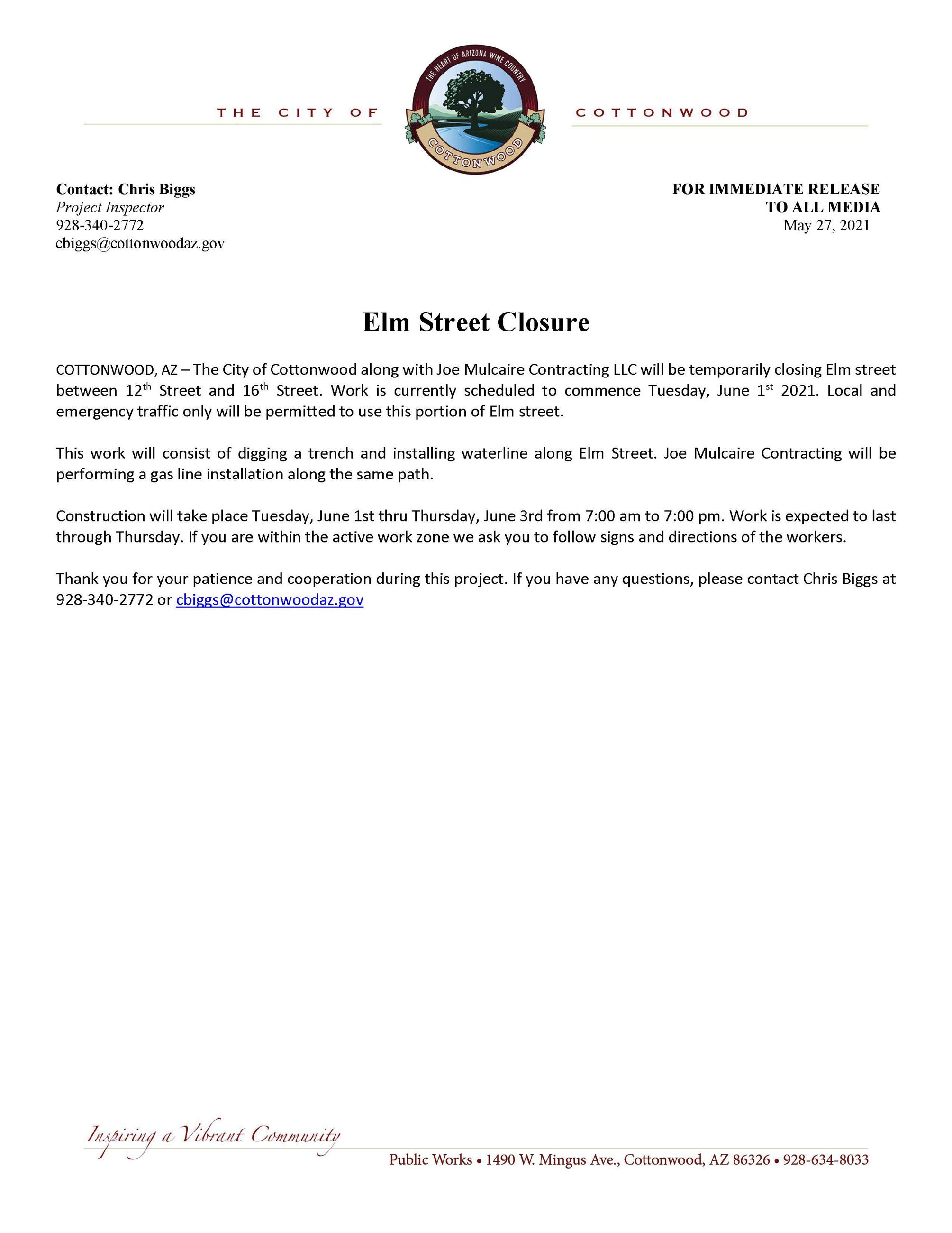 PRESS RELEASE - Elm Street Closure