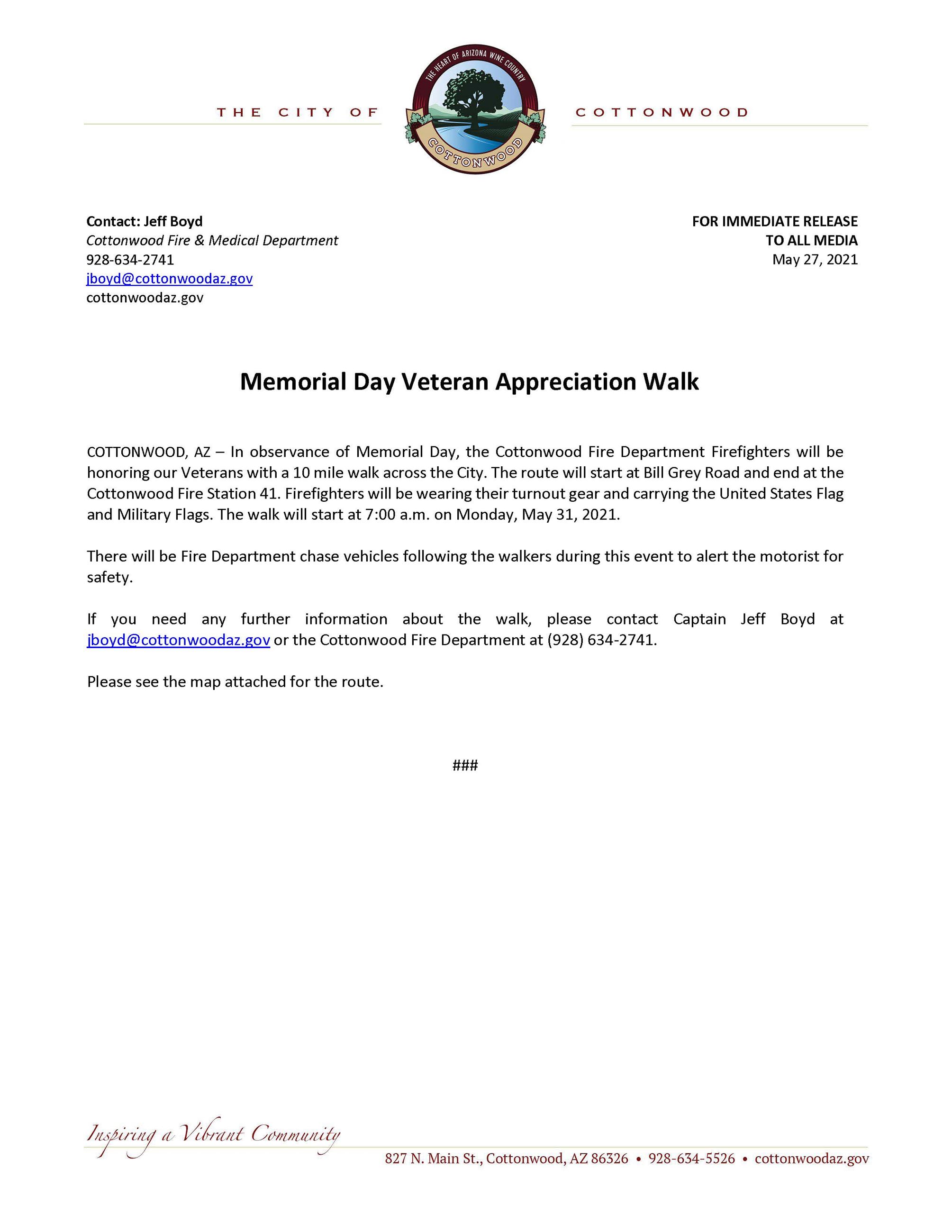PRESS RELEASE - Memorial Day Veteran Appreciation Walk