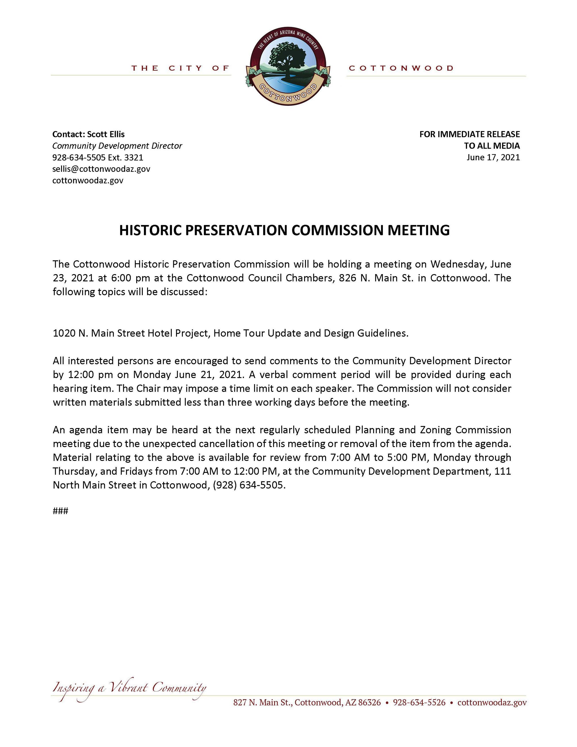 PRESS RELEASE - Cottonwood Historic Preservation Commission Meeting