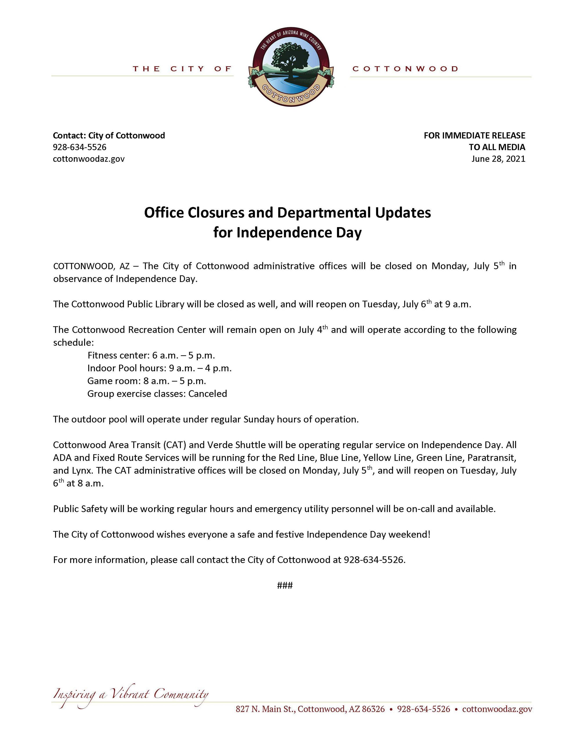 PRESS RELEASE - City of Cottonwood Office Closures and Departmental Updates for Independence Day 202