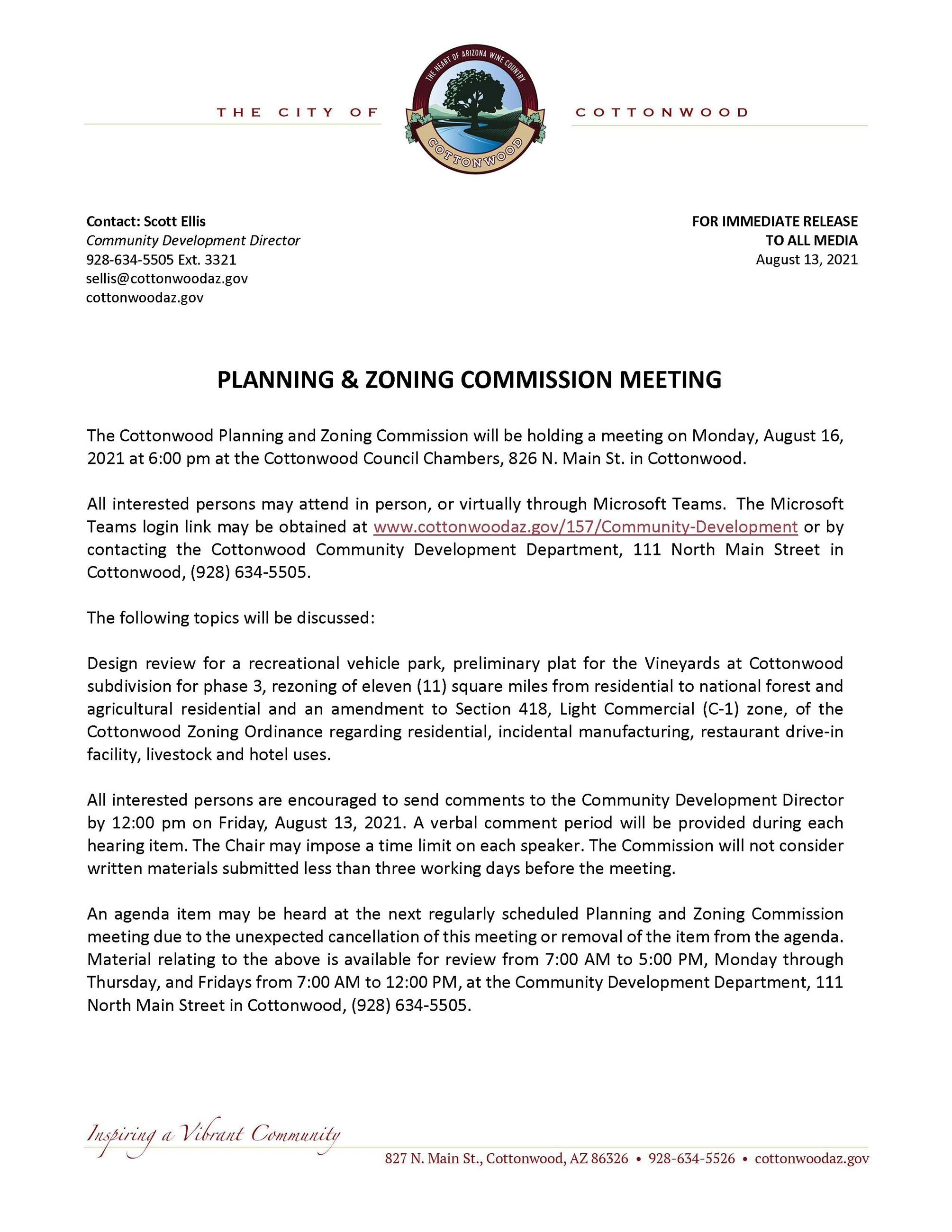 PRESS RELEASE - Planning and Zoning Commission Meeting