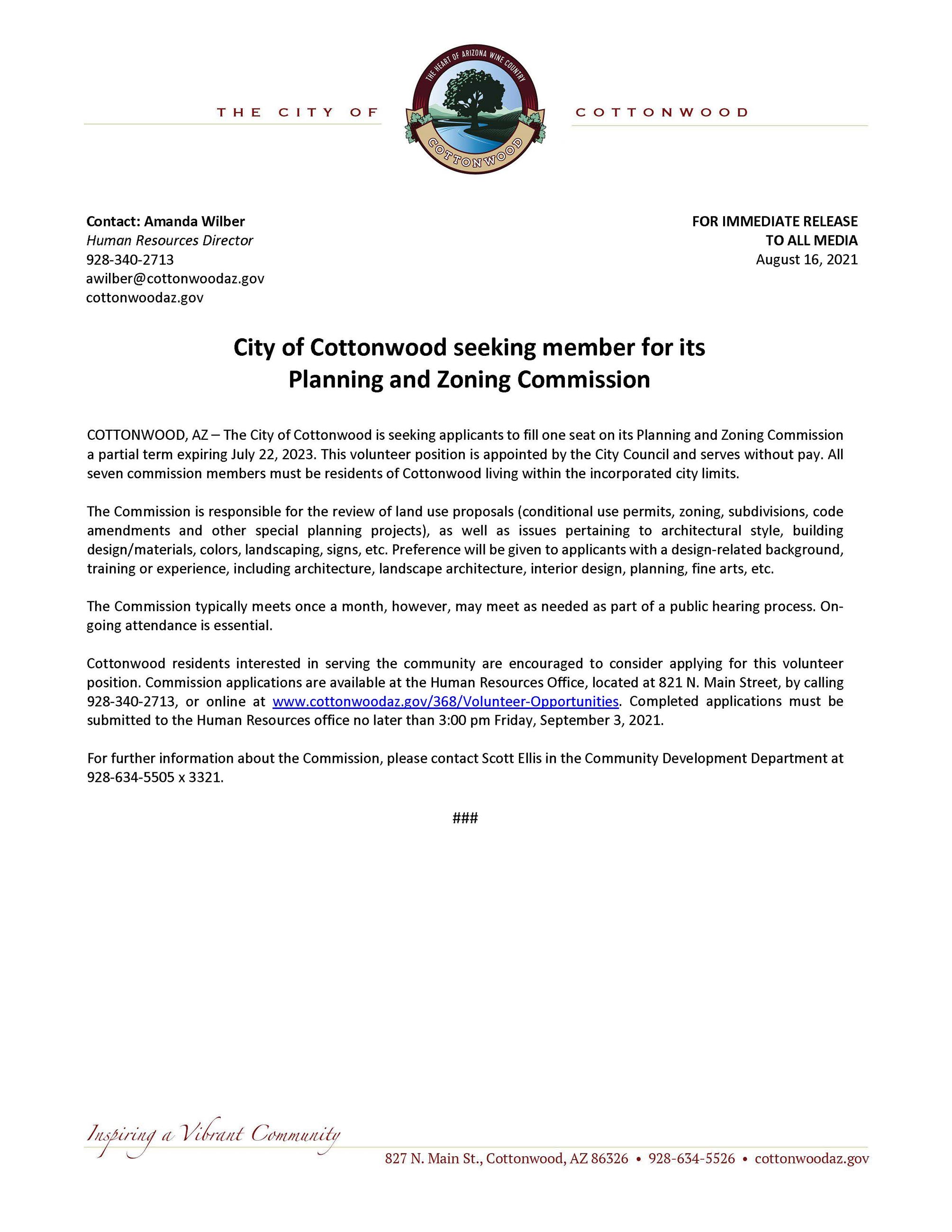 PRESS RELEASE - City of Cottonwood Seeking Members for its Planning and Zoning Commission