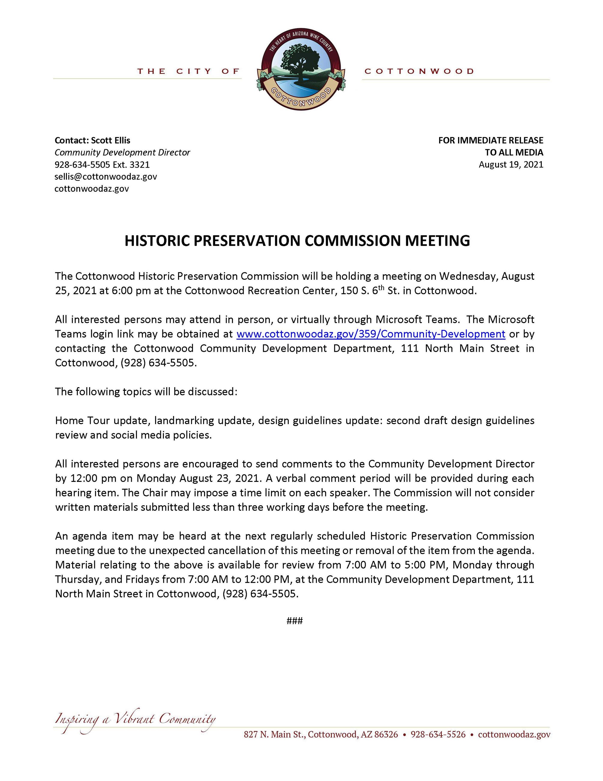 PRESS RELEASE - Historic Preservation Commission Meeting