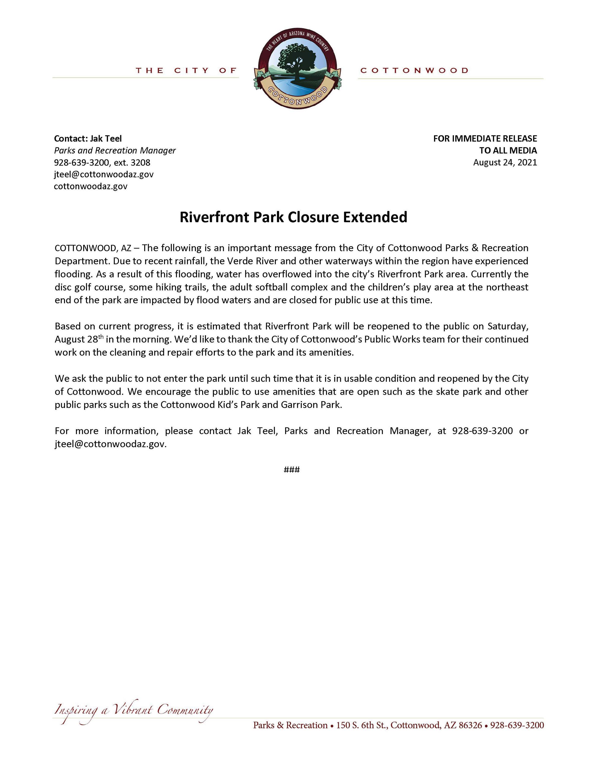 PRESS RELEASE - Riverfront Park Closure Extended_8-24-21