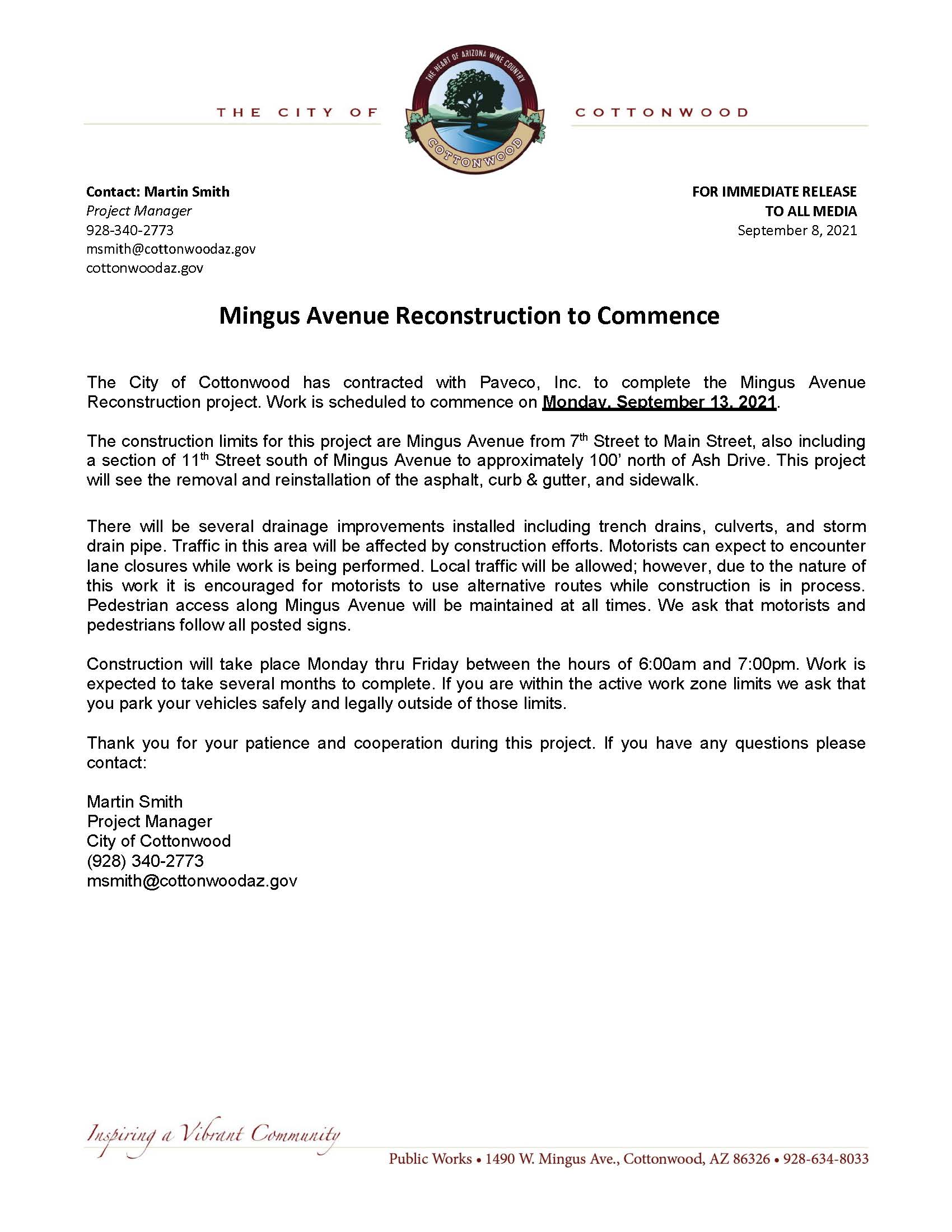 PRESS RELEASE - Mingus Avenue Reconstruction to Commence