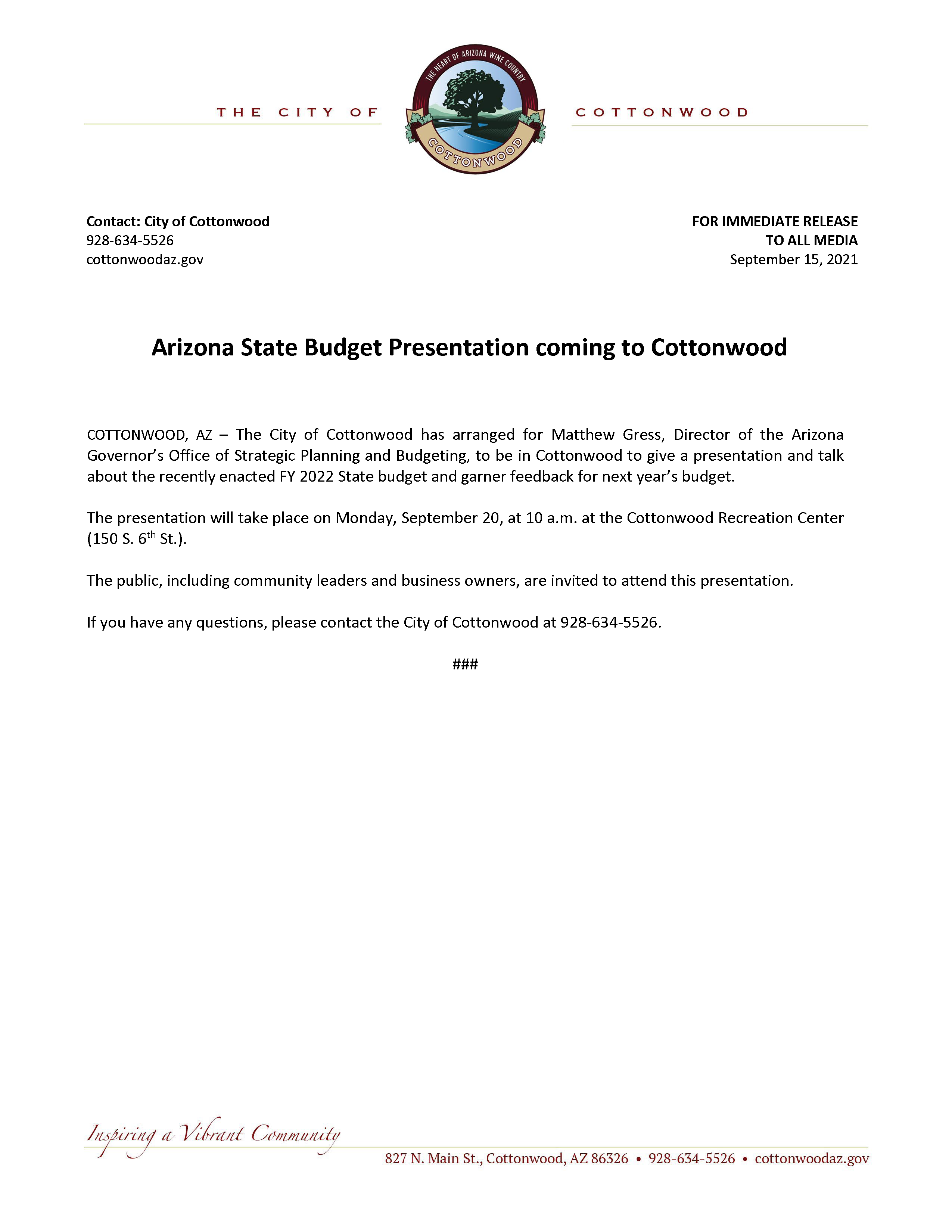 PRESS RELEASE - AZ State Budget Presentation