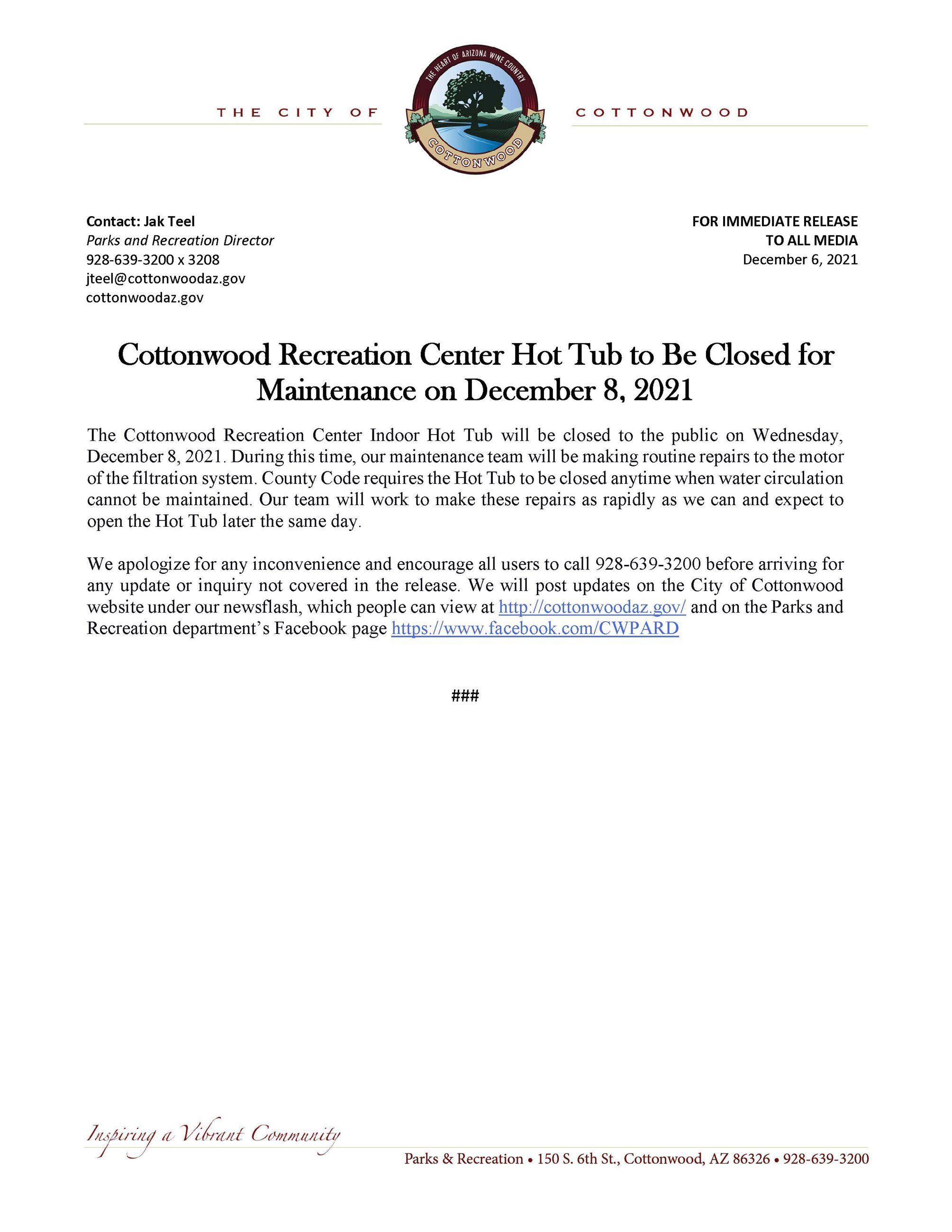 PRESS RELEASE - Cottonwood Recreation Center Hot Tub to be closed for maintenance