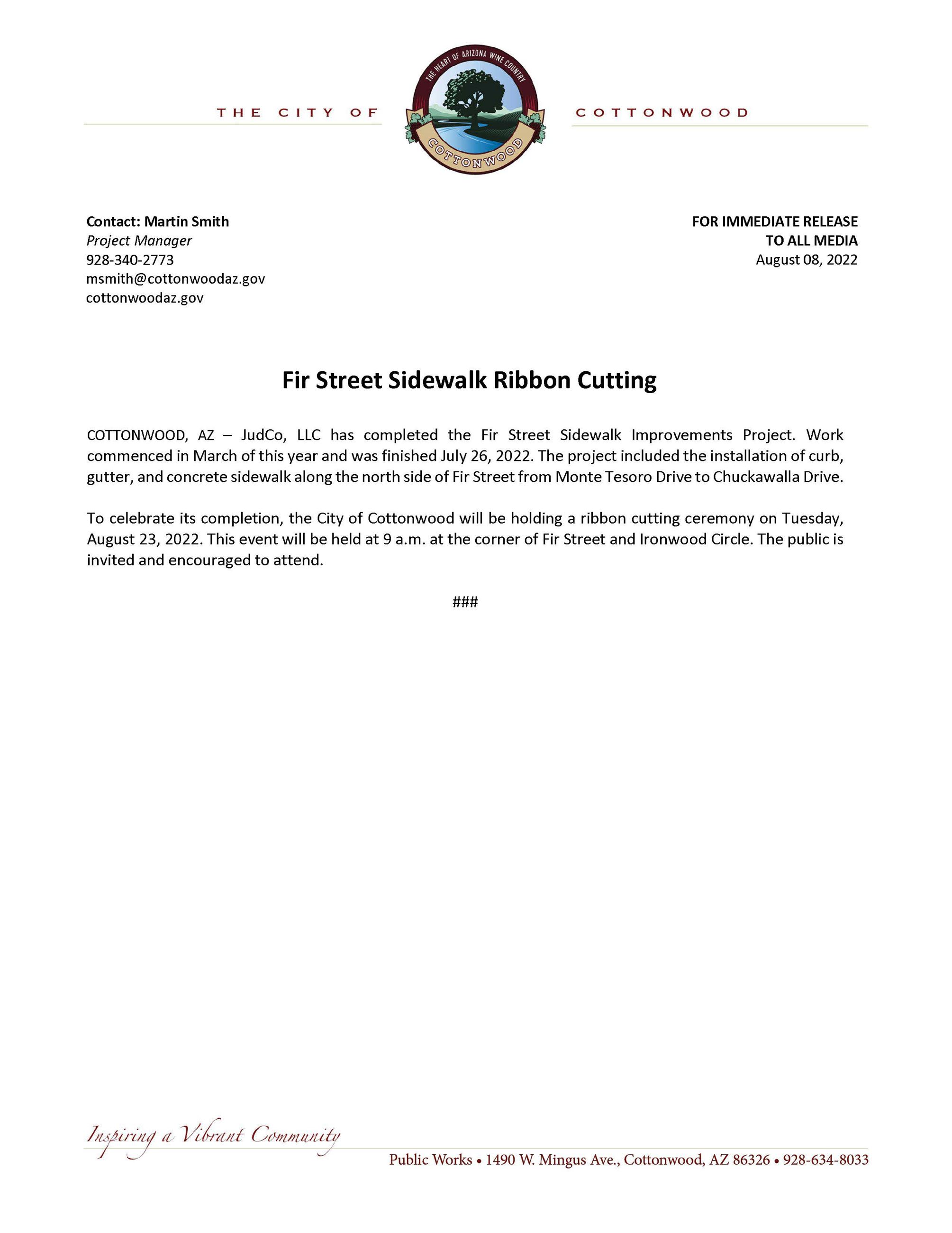 PRESS RELEASE - Fir Street Sidewalk Ribbon Cutting