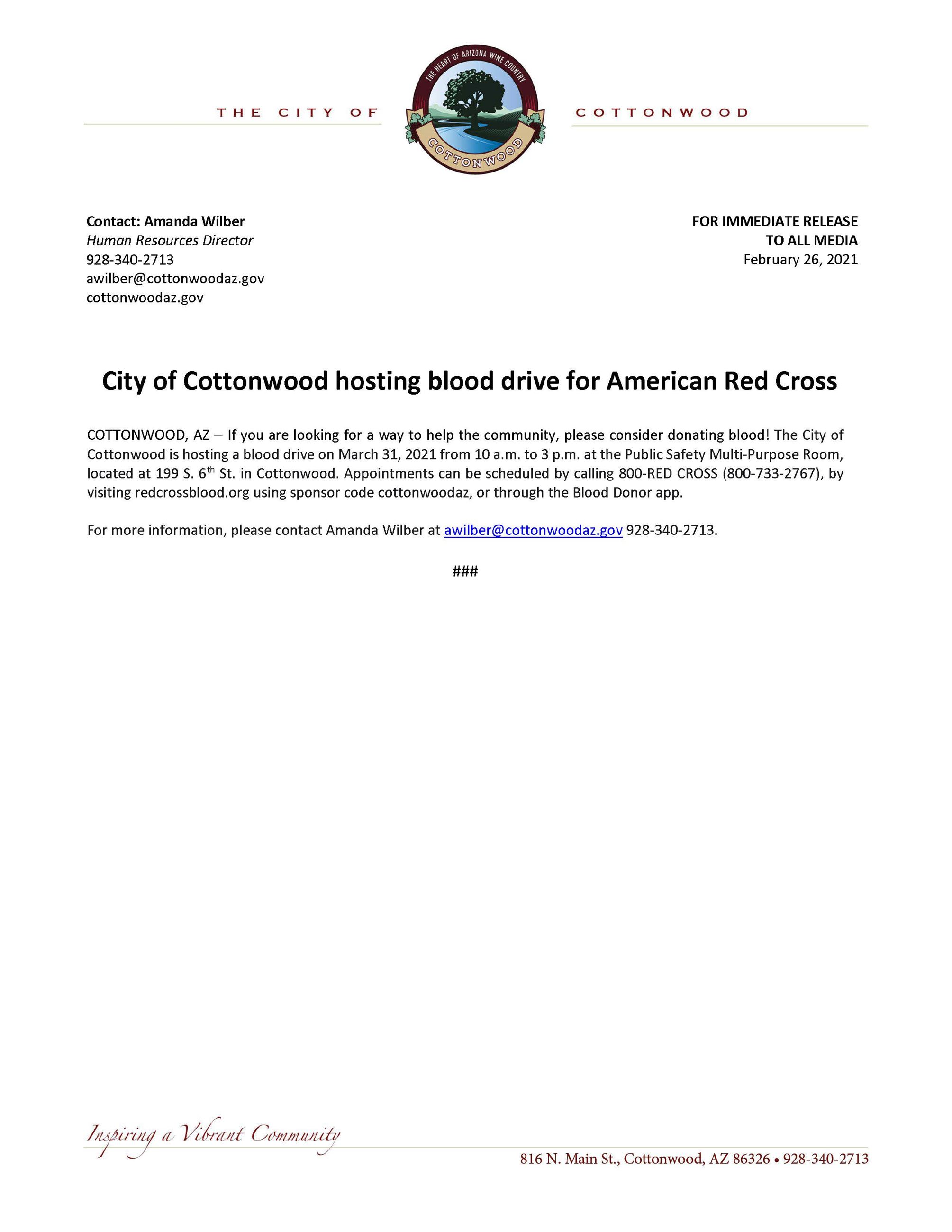 PRESS RELEASE - City of Cottonwood Hosting Blood Drive For American Red Cross