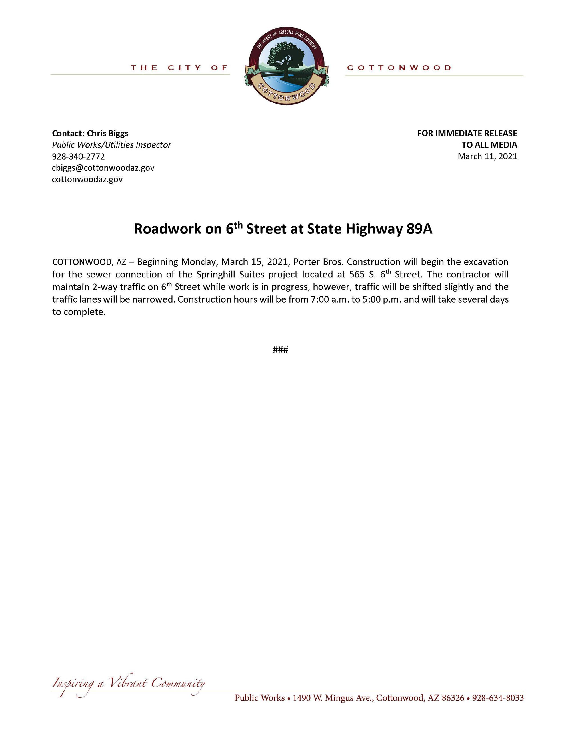 PRESS RELEASE - Roadwork on 6th Street at State Highway 89A