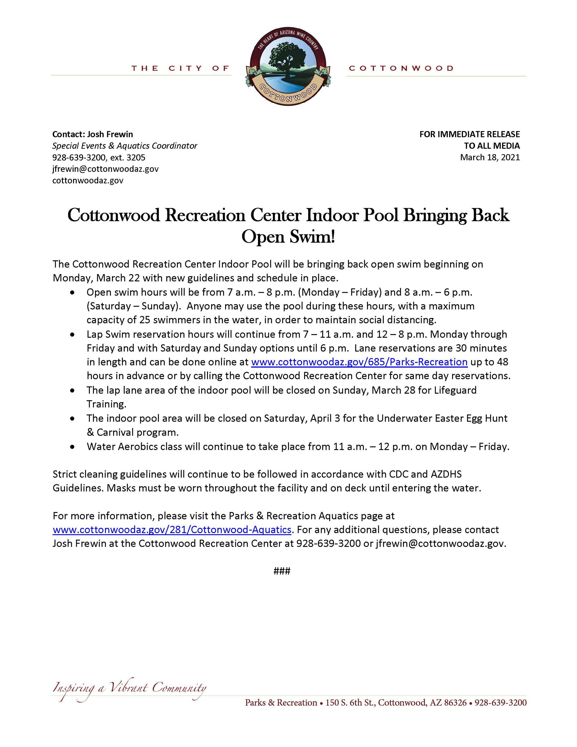 2021-03-18 PRESS RELEASE - Indoor Pool Bringing Back Open Swim