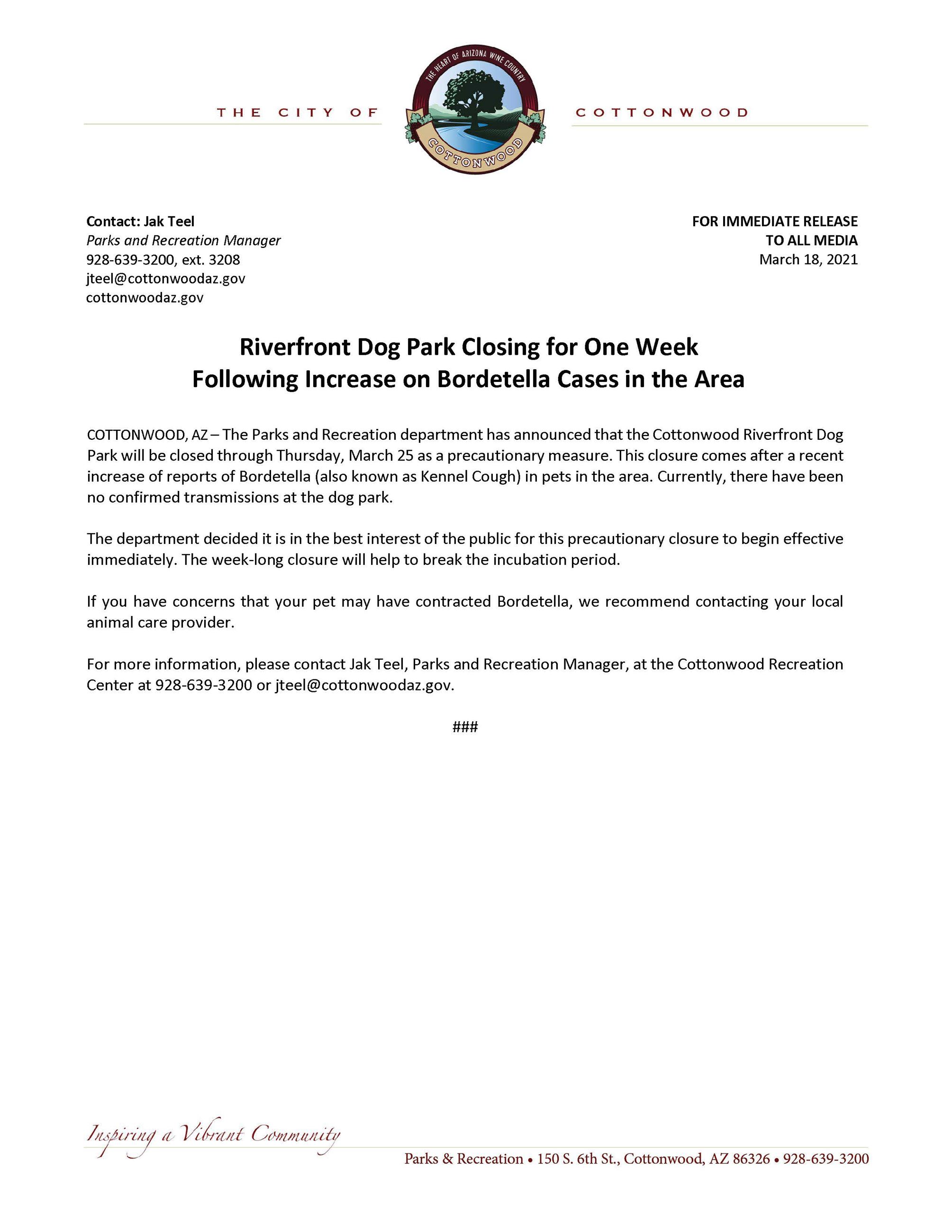 PRESS RELEASE - Dog Park Closure