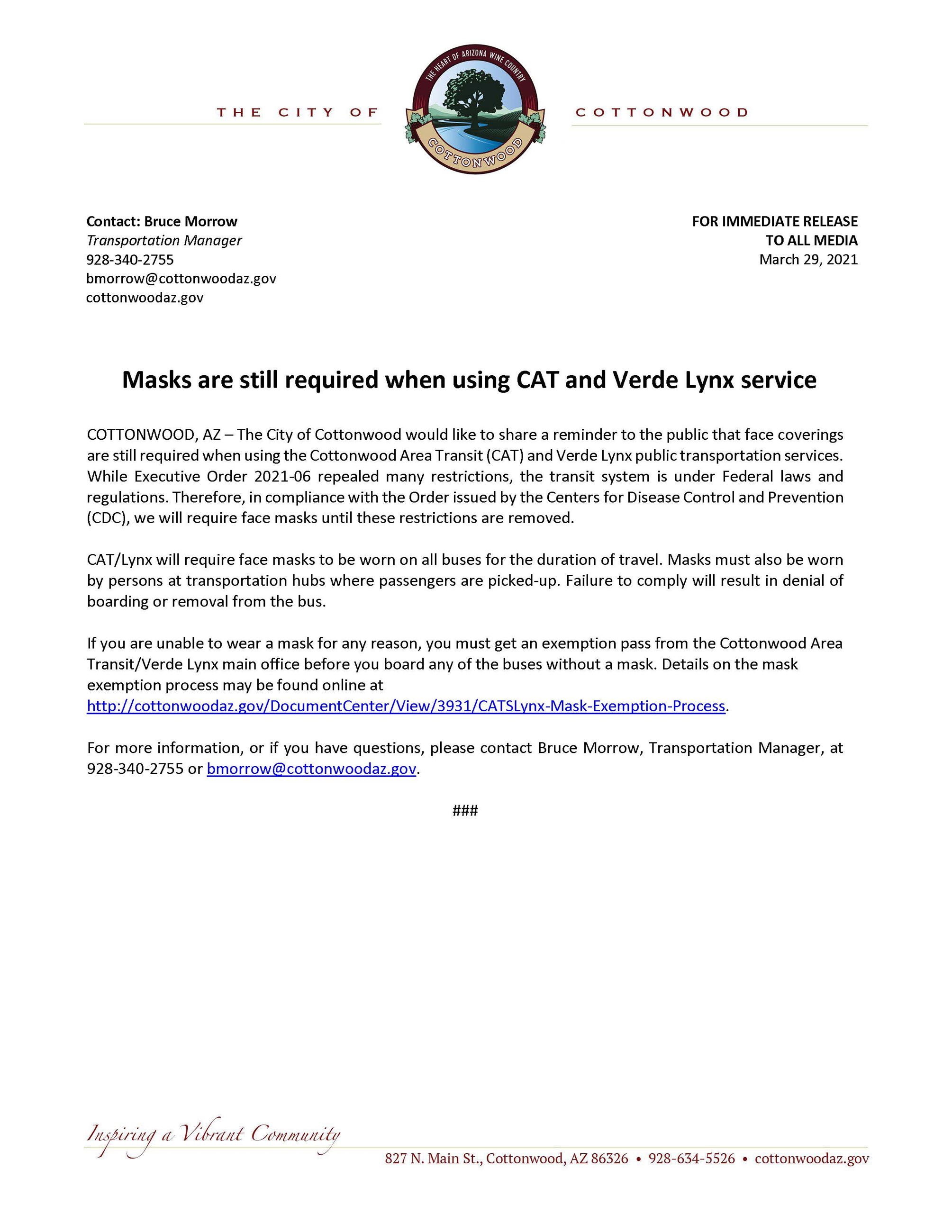 PRESS RELEASE - Masks Still Required on CAT-Lynx