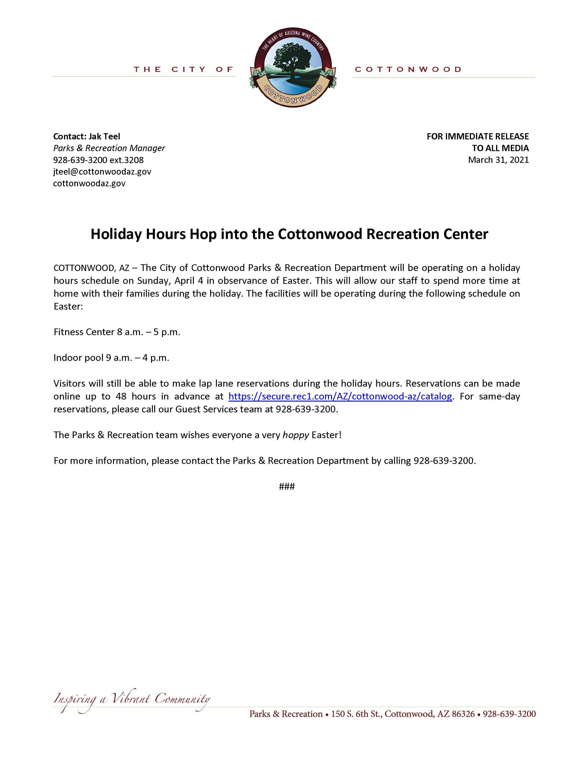 PRESS RELEASE - Easter Holiday Hours at Rec Center
