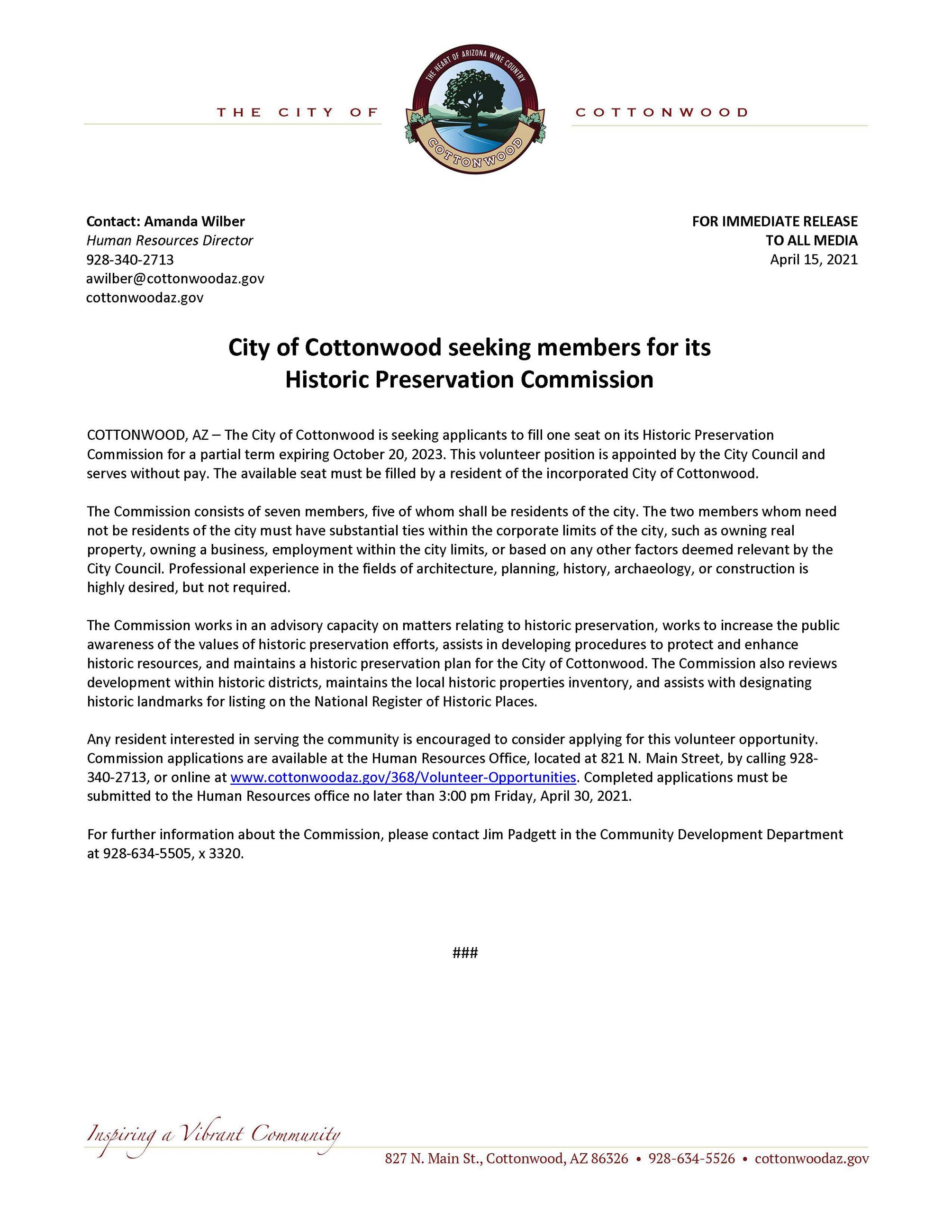 PRESS RELEASE - City of Cottonwood seeking members for its Historic Preservation Commission