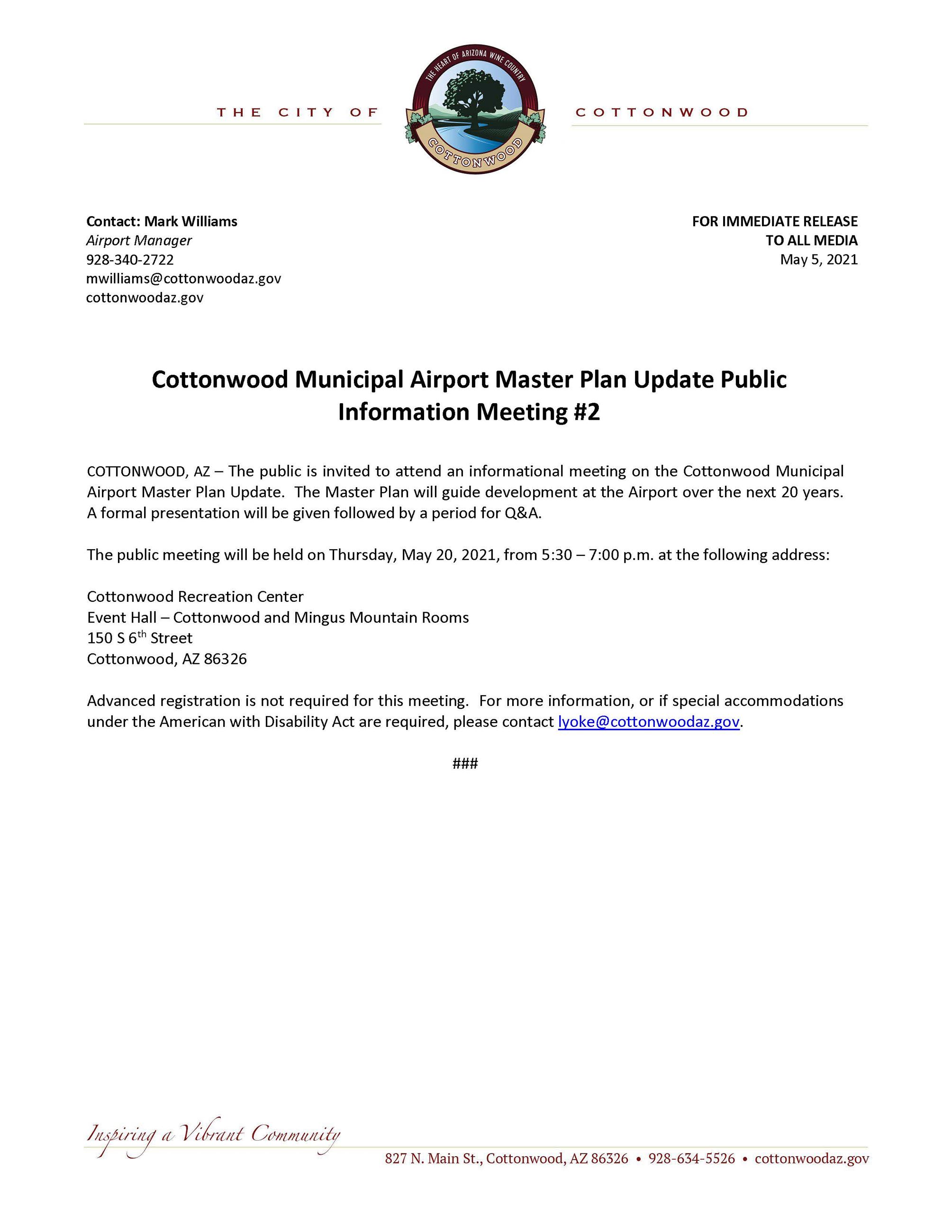 PRESS RELEASE - Cottonwood Municipal Airport Master Plan Update Public Information Meeting