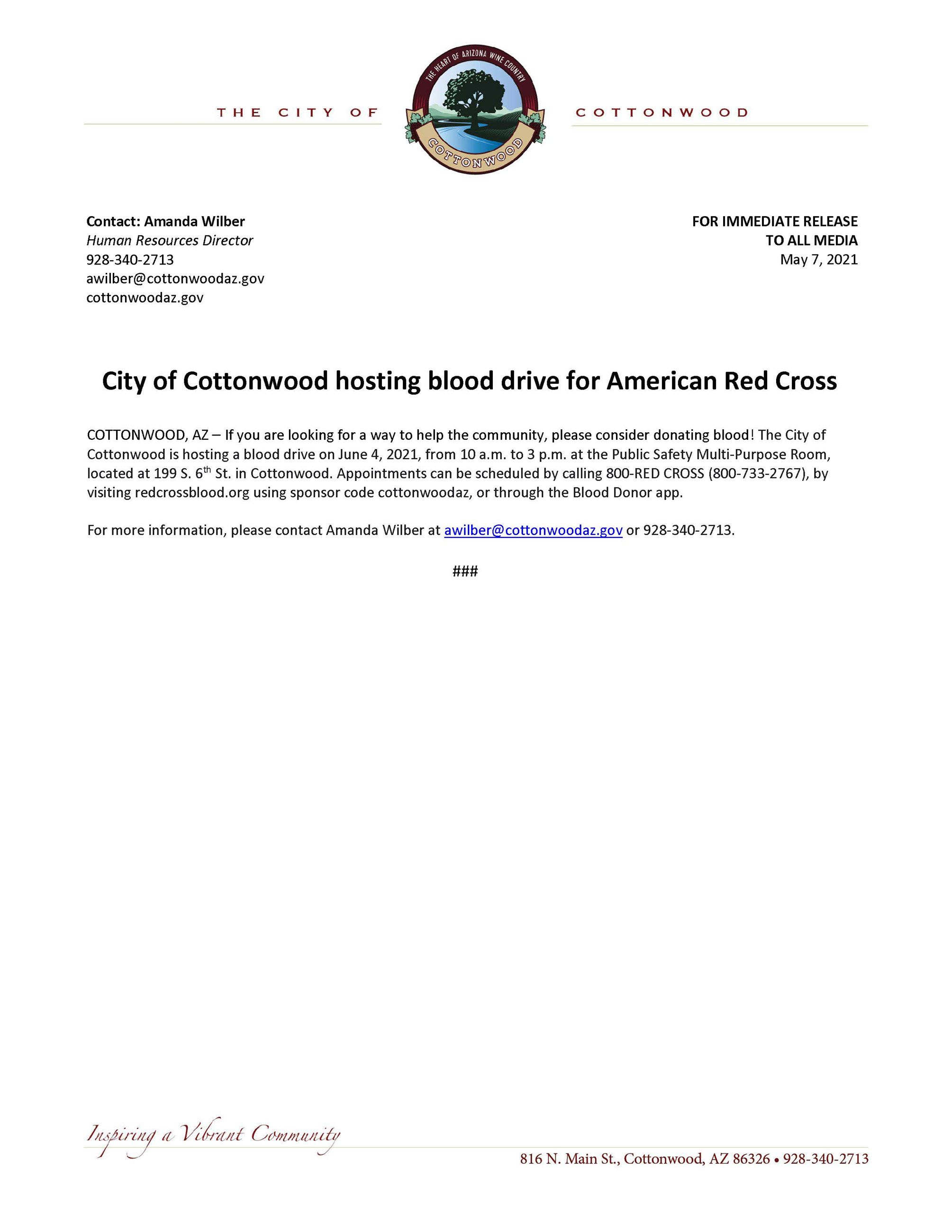 PRESS RELEASE - City of Cottonwood Hosting Blood Drive for American Red Cross