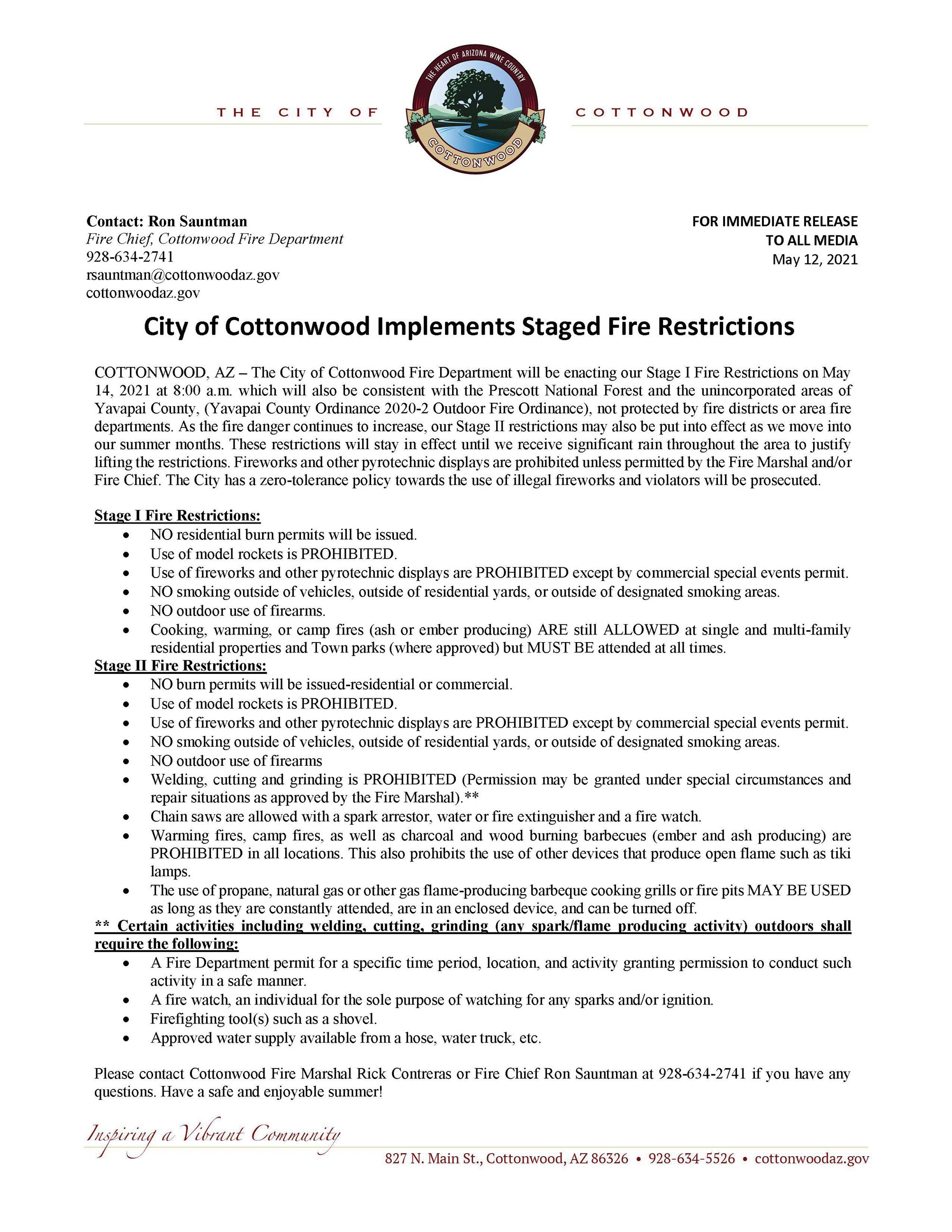 PRESS RELEASE - City of Cottonwood Implements Staged Fire Restrictions