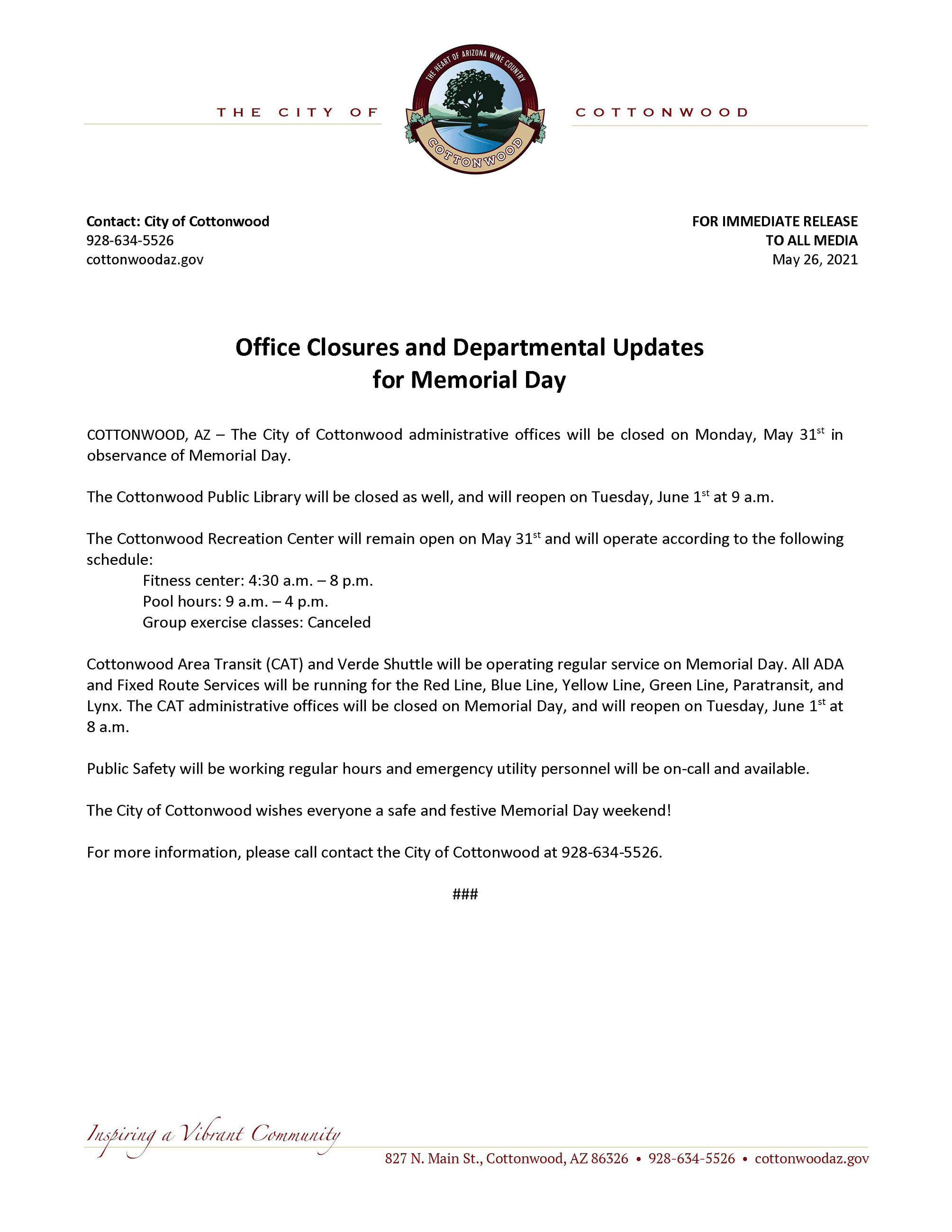 PRESS RELEASE - Memorial Day 2021