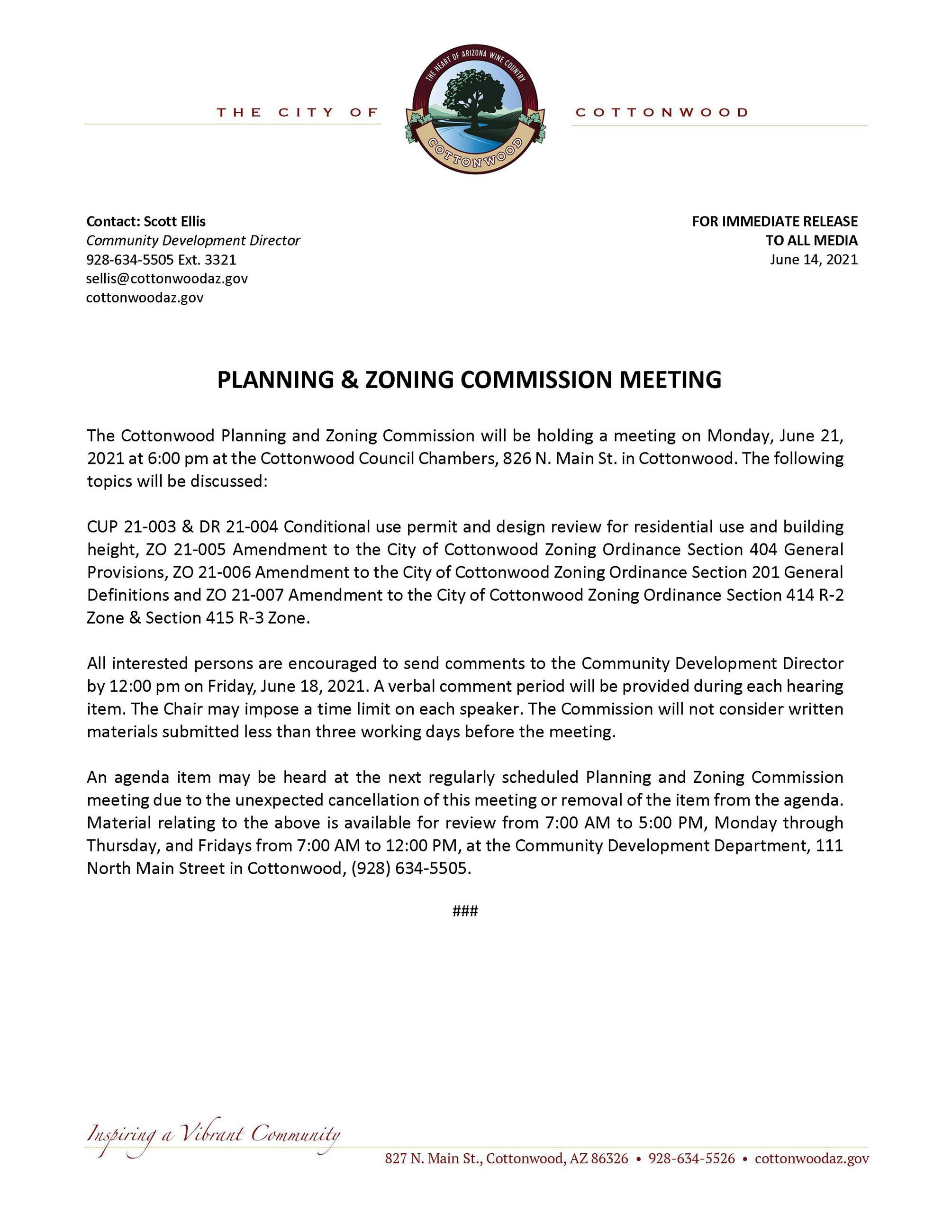 PRESS RELEASE - Cottonwood Planning and Zoning Commission Meeting