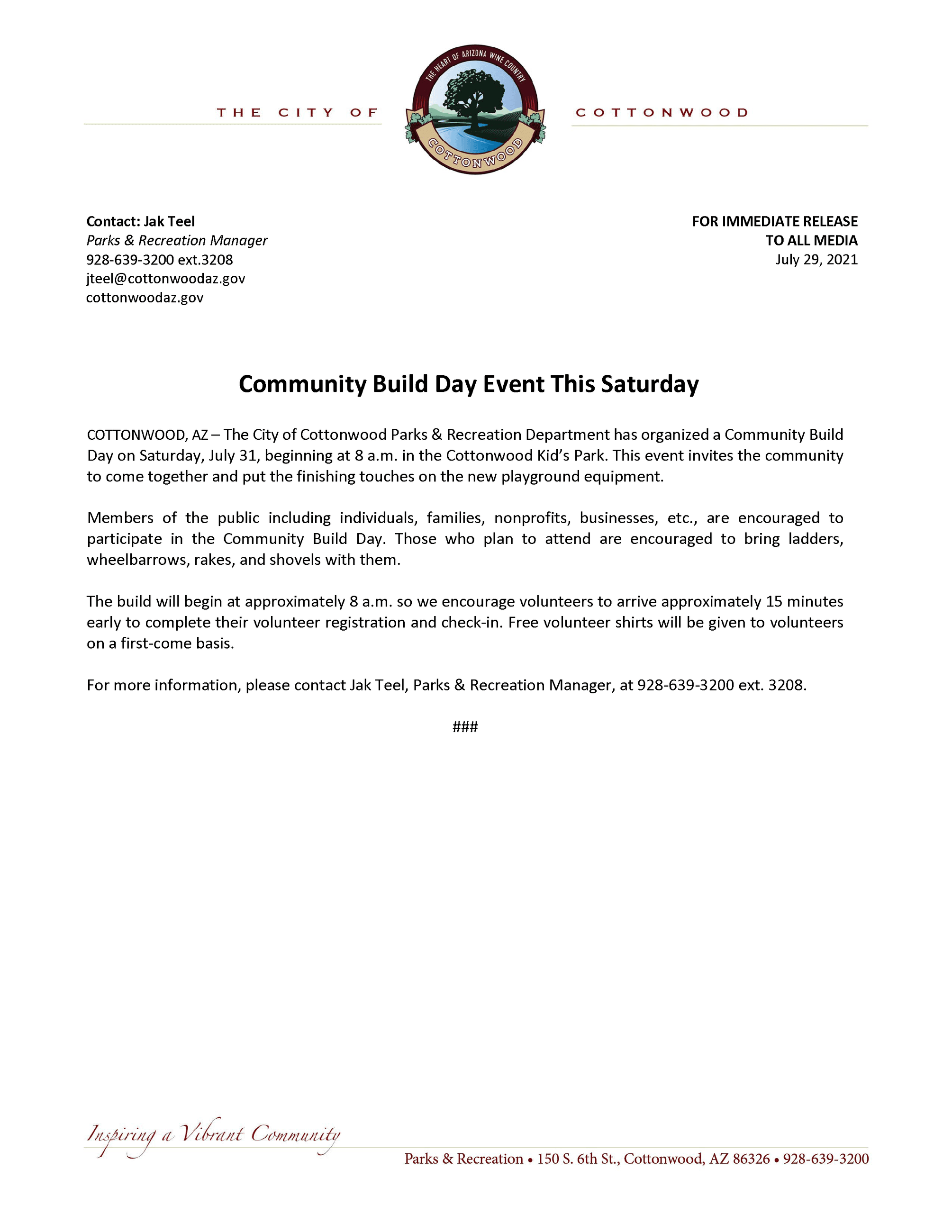 PRESS RELEASE - Community Build Day This Saturday