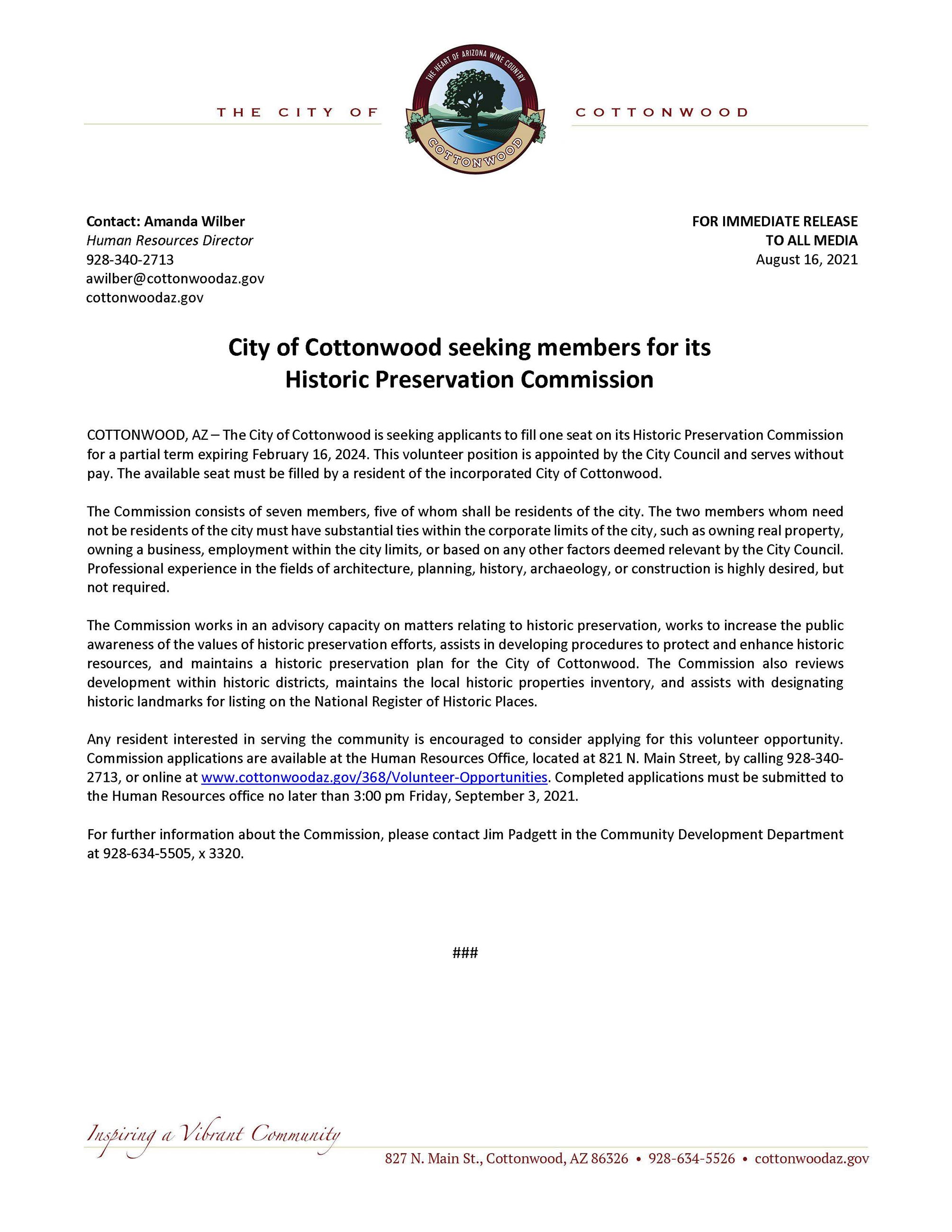 PRESS RELEASE - City of Cottonwood Seeking Members for its Historic Preservation Commission