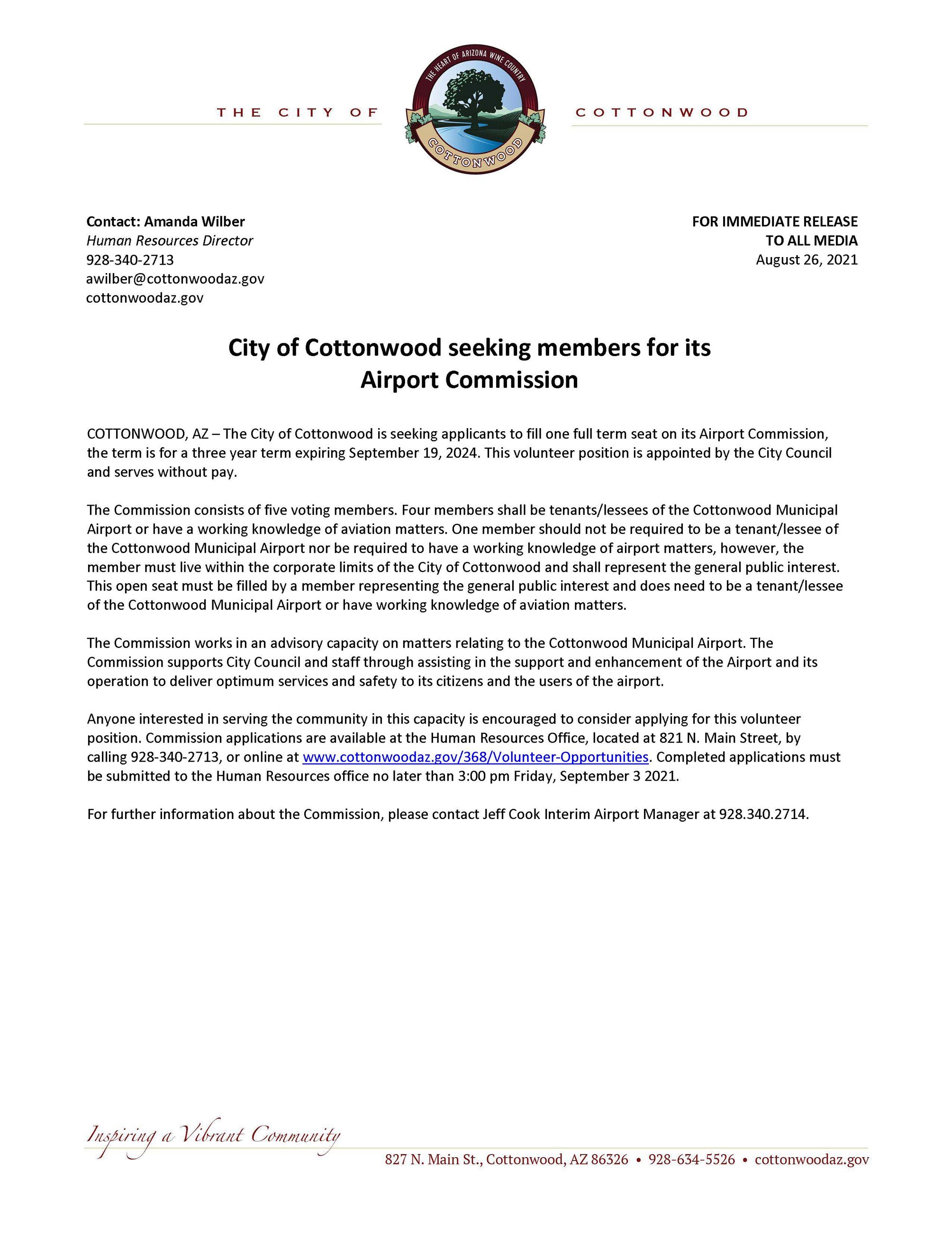 PRESS RELEASE - City of Cottonwood seeking members for its Airport Commission