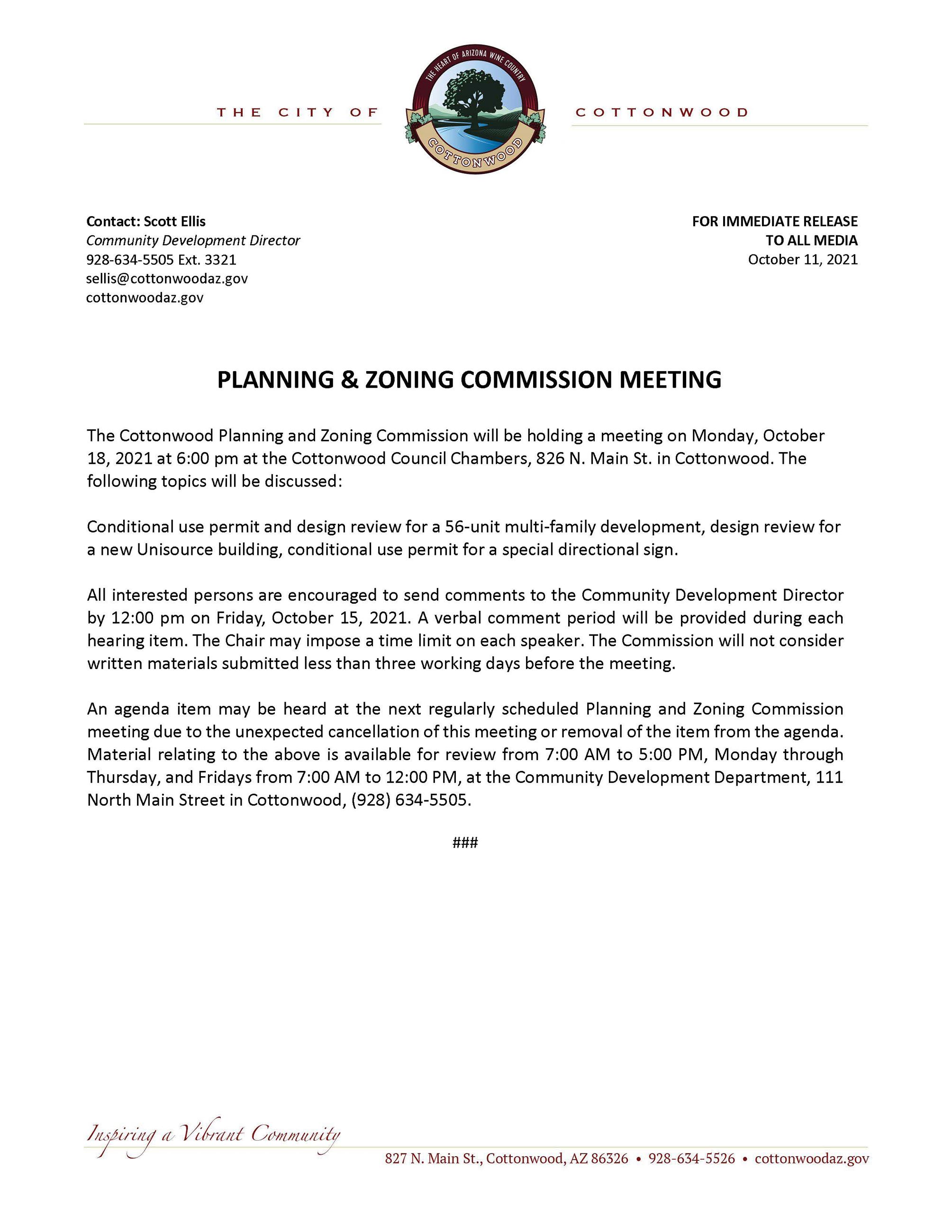 PRESS RELEASE - Cottonwood Planning and Zoning Commission Meeting