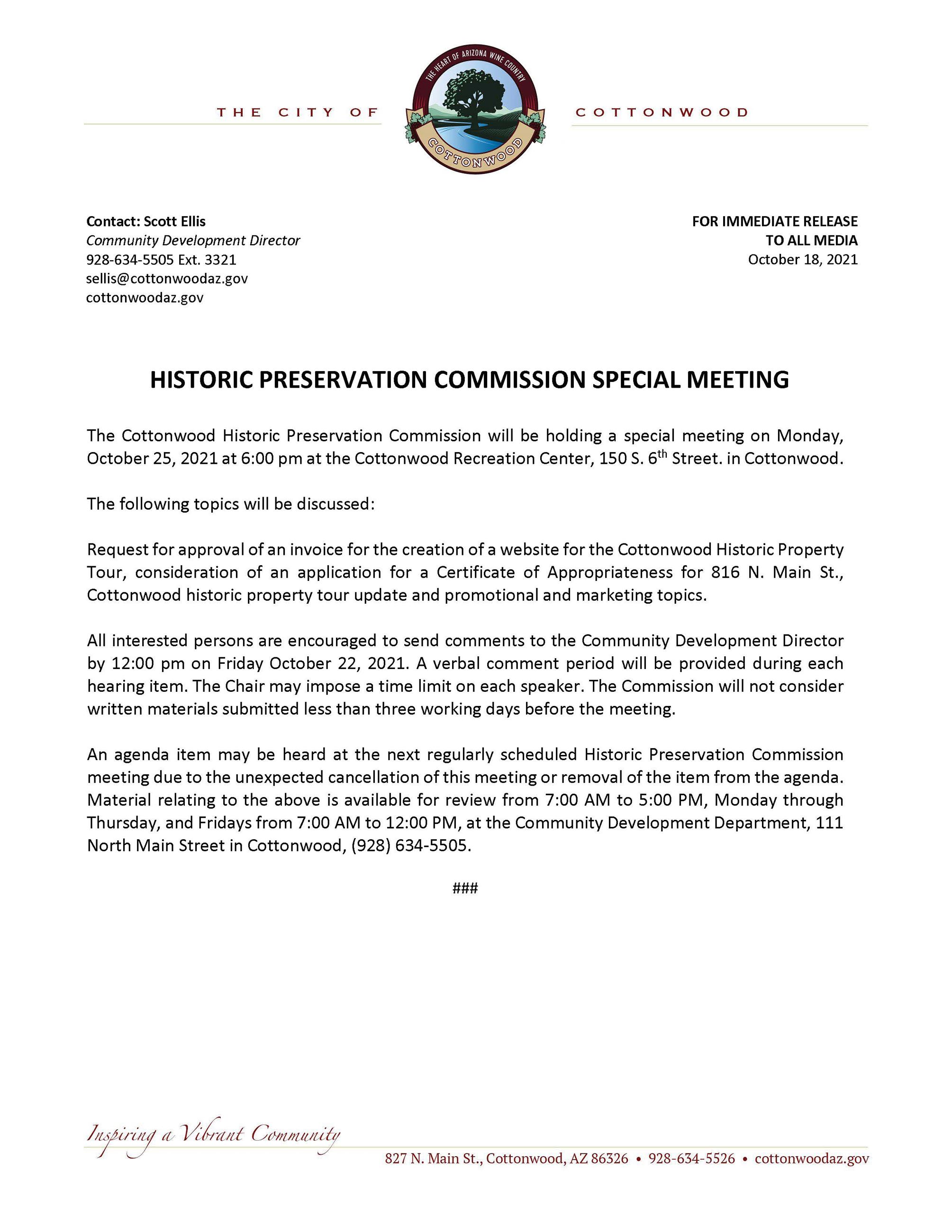 PRESS RELEASE - Cottonwood Historic Preservation Commission Special Meeting