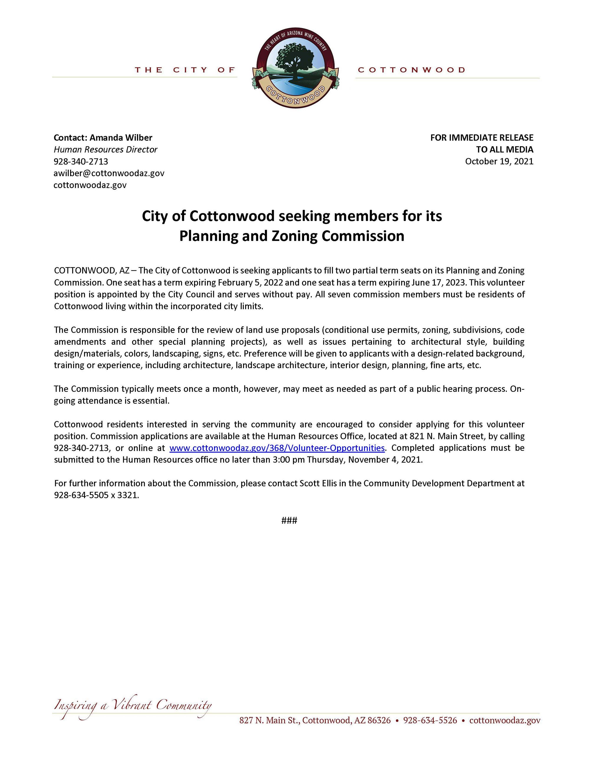 PRESS RELEASE - City of Cottonwood Seeking Members for its Planning and Zoning Commission