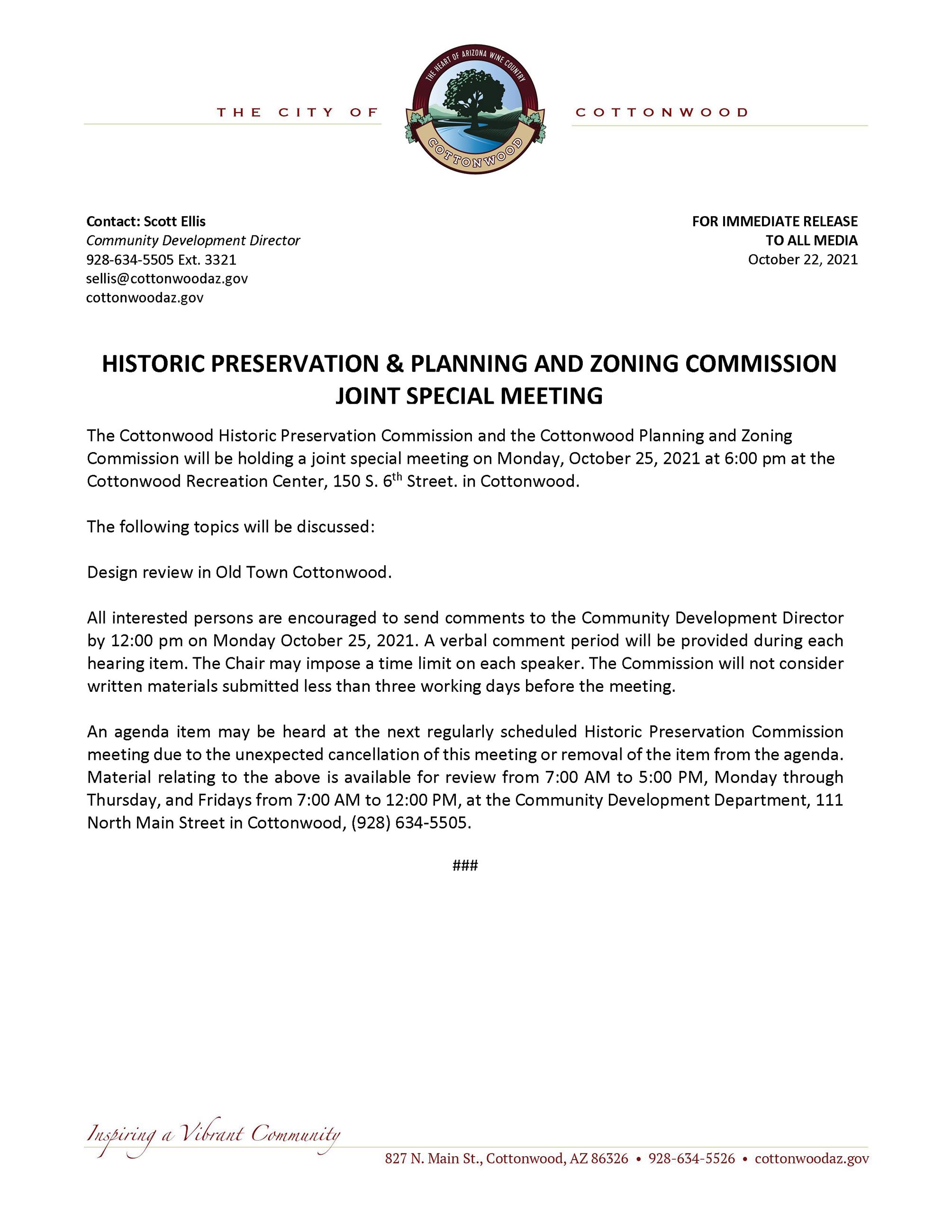 PRESS RELEASE - Historic Preservation and Planning and Zoning Commission Joint Special Meeting