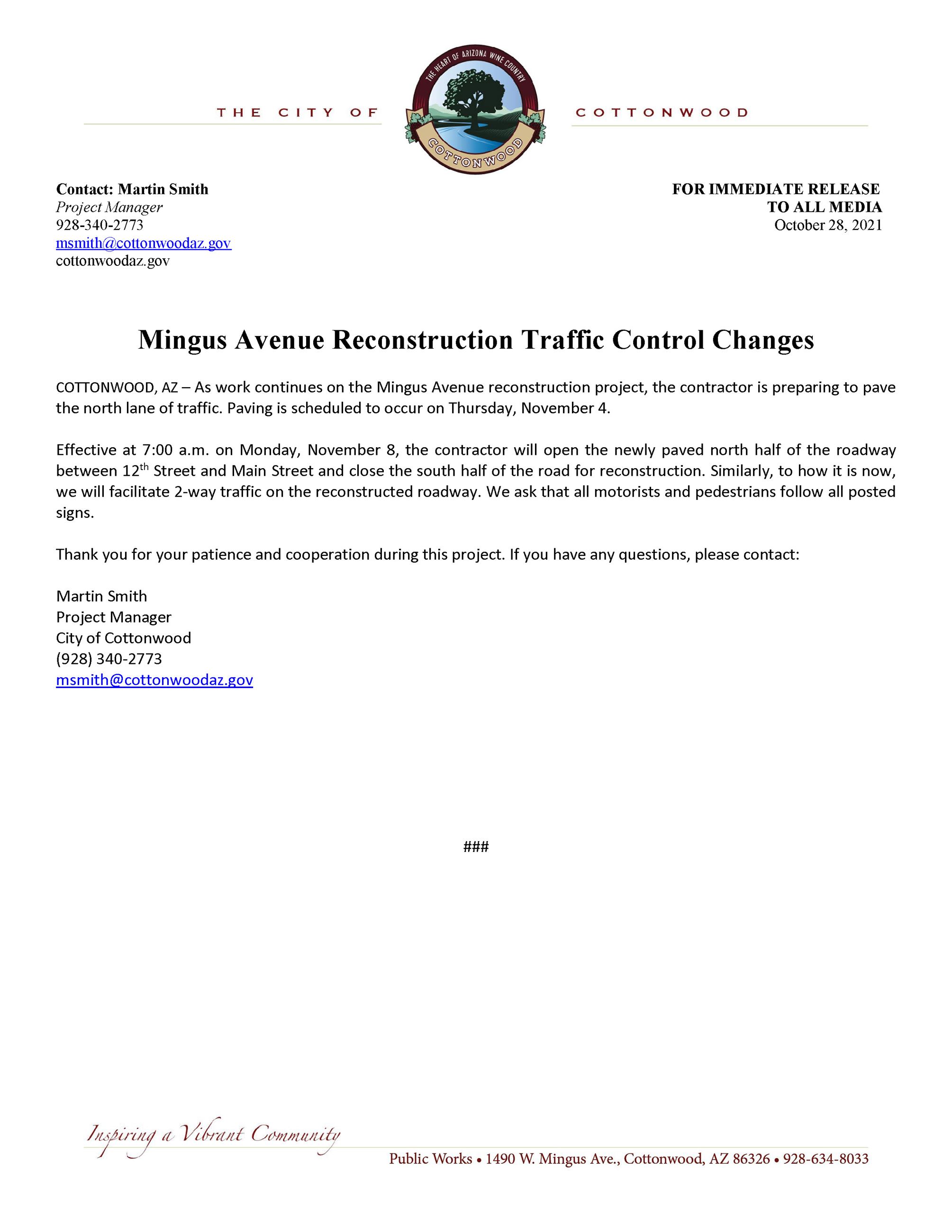PRESS RELEASE - Mingus Avenue Reconstruction Traffic Control Changes