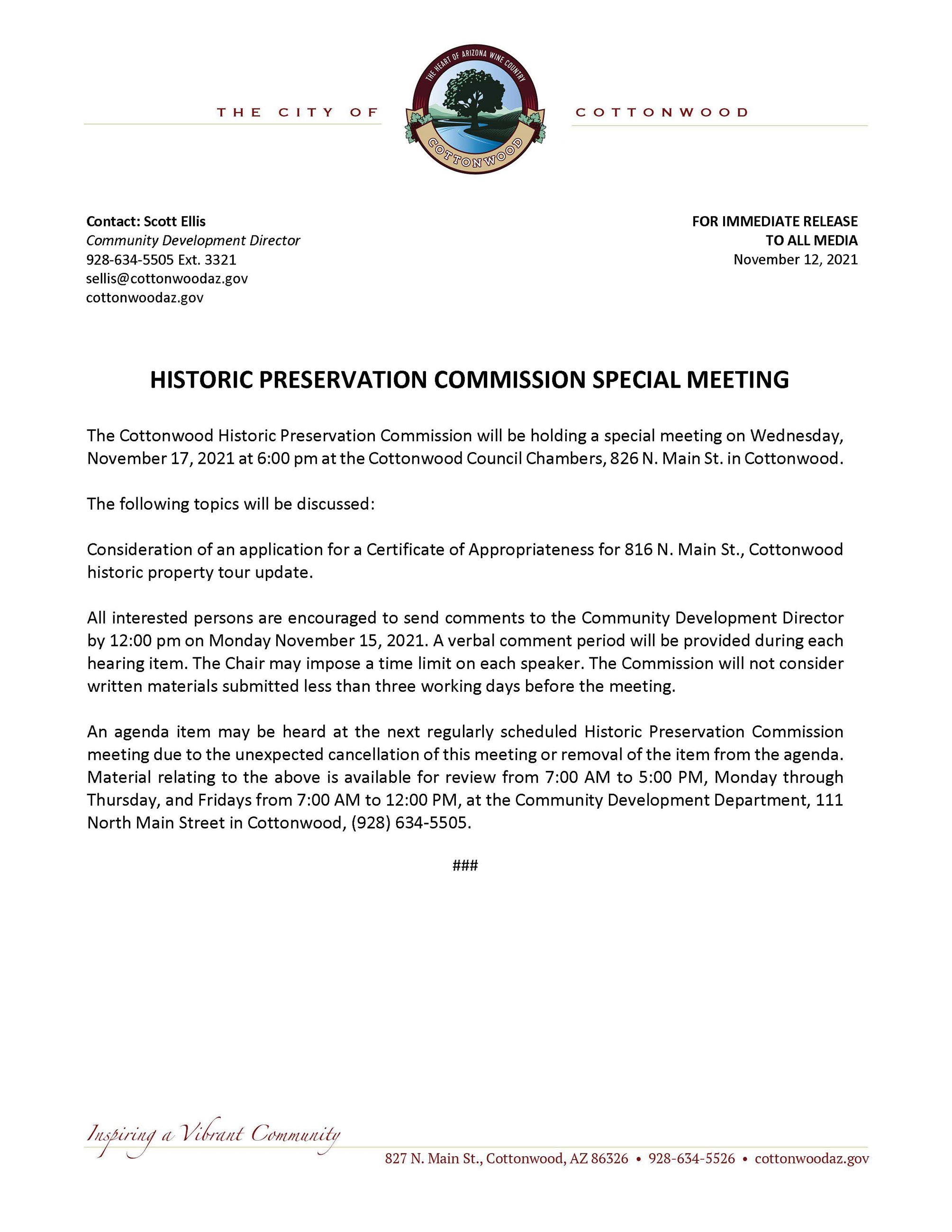 PRESS RELEASE - Historic Preservation Commission Special Meeting