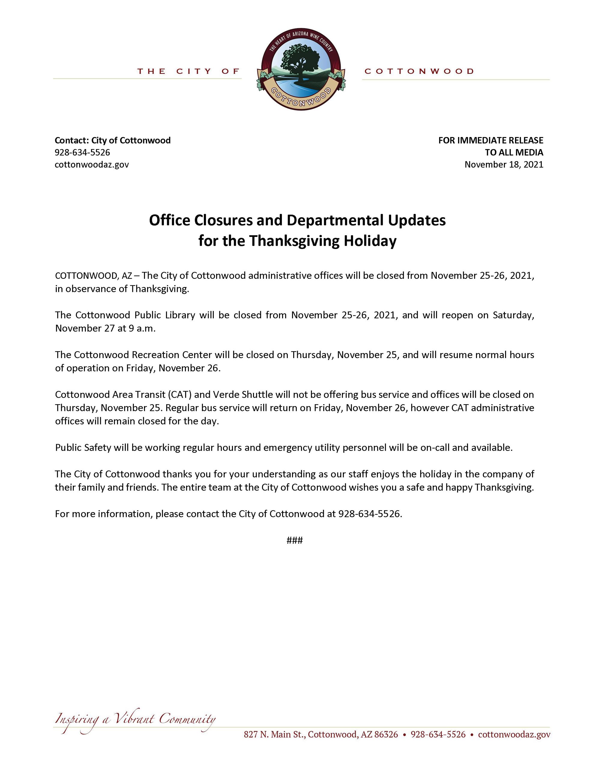 PRESS RELEASE - Thanksgiving Day 2021