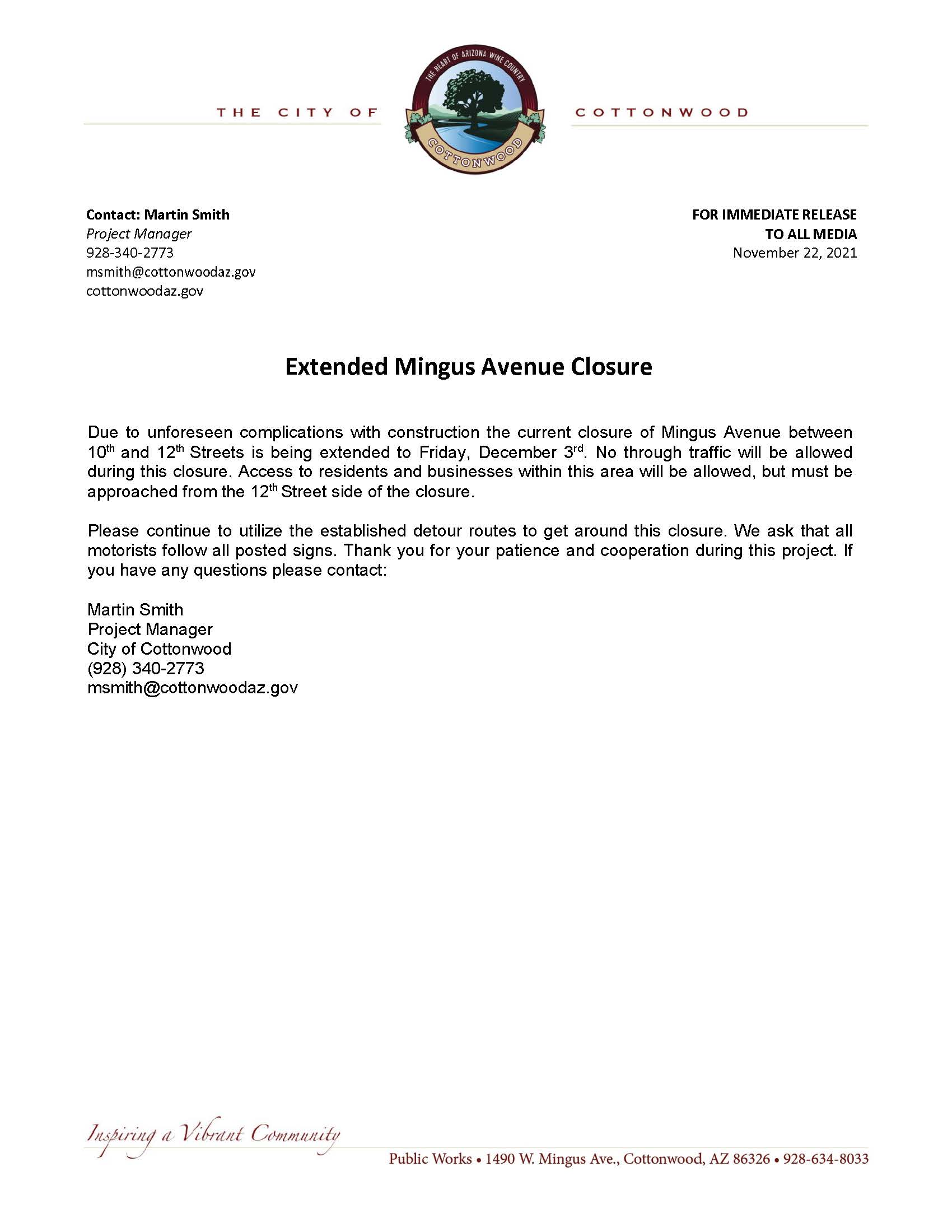 PRESS RELEASE - Extended Mingus Avenue Closure