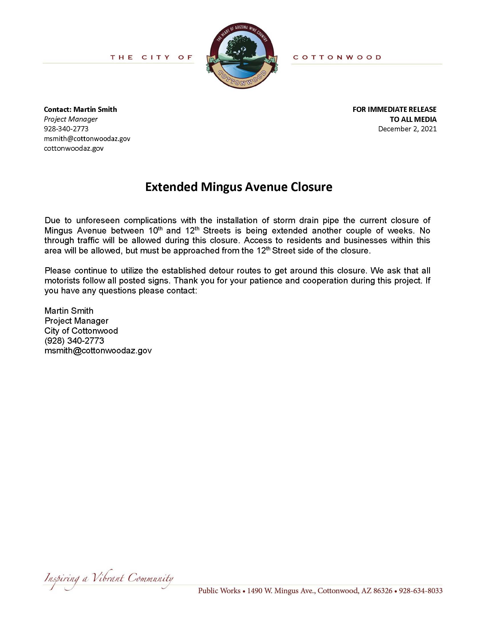 PREESS RELEASE - Extended Mingus Avenue Closure