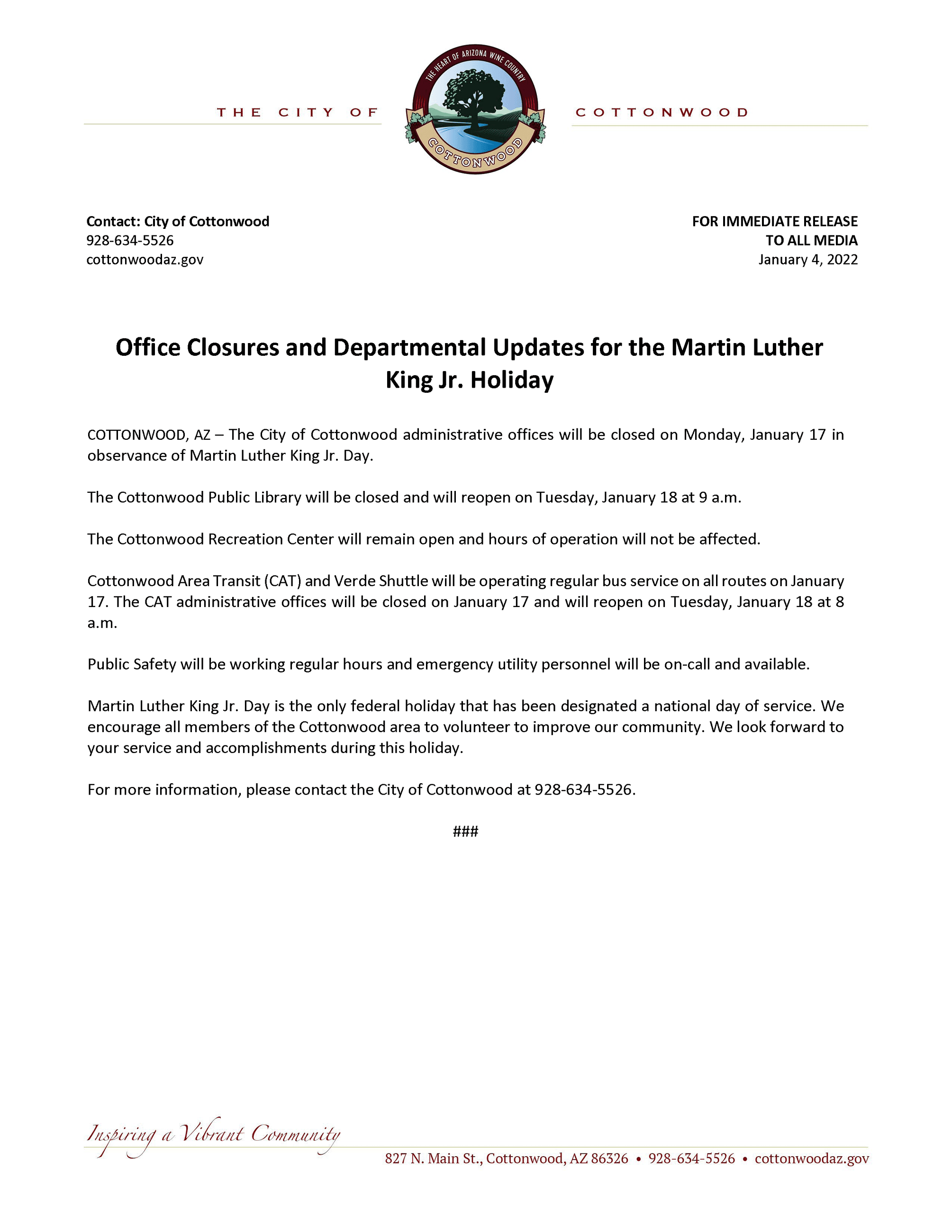 PRESS RELEASE - MLK Day 2022
