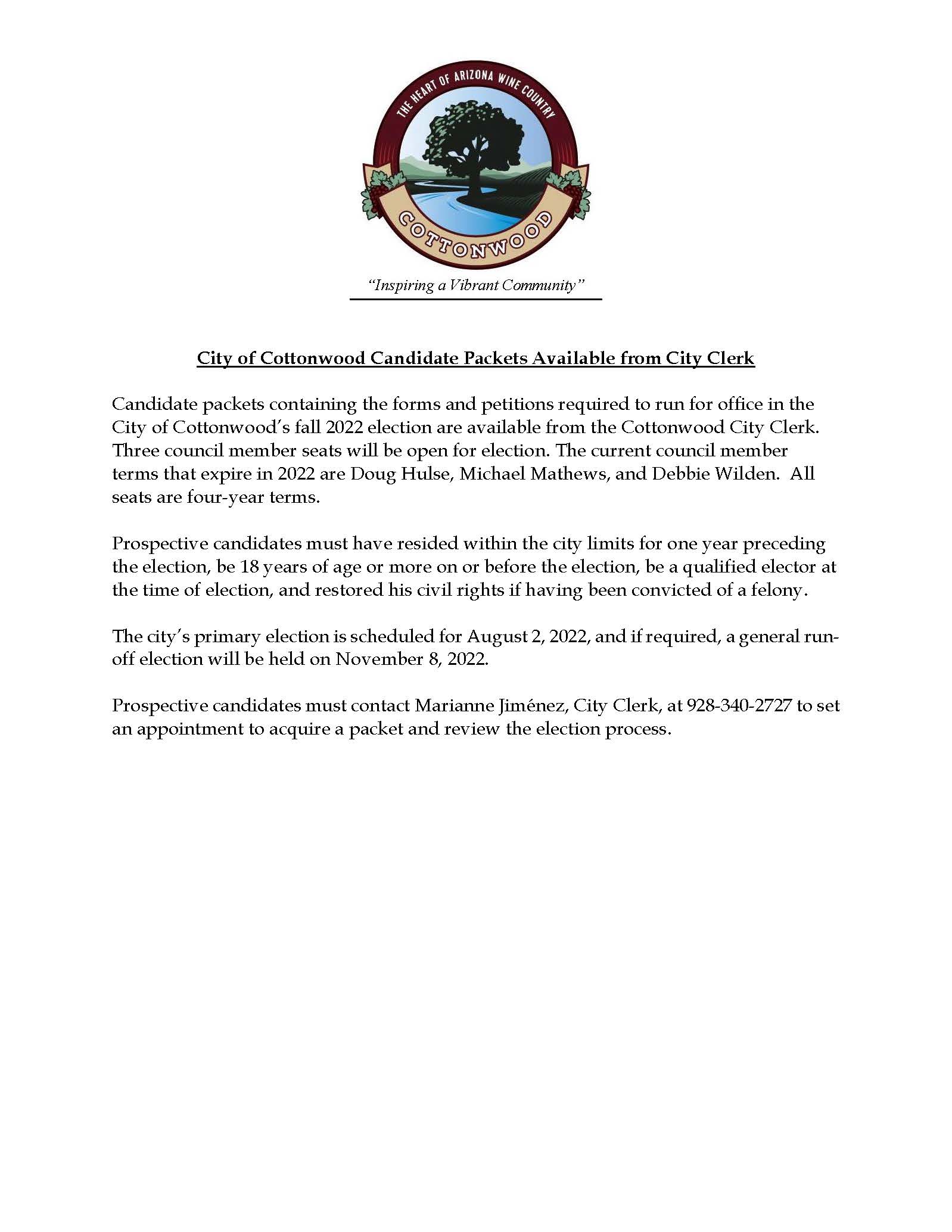 City of Cottonwood Candidate Packets Available from City Clerk
