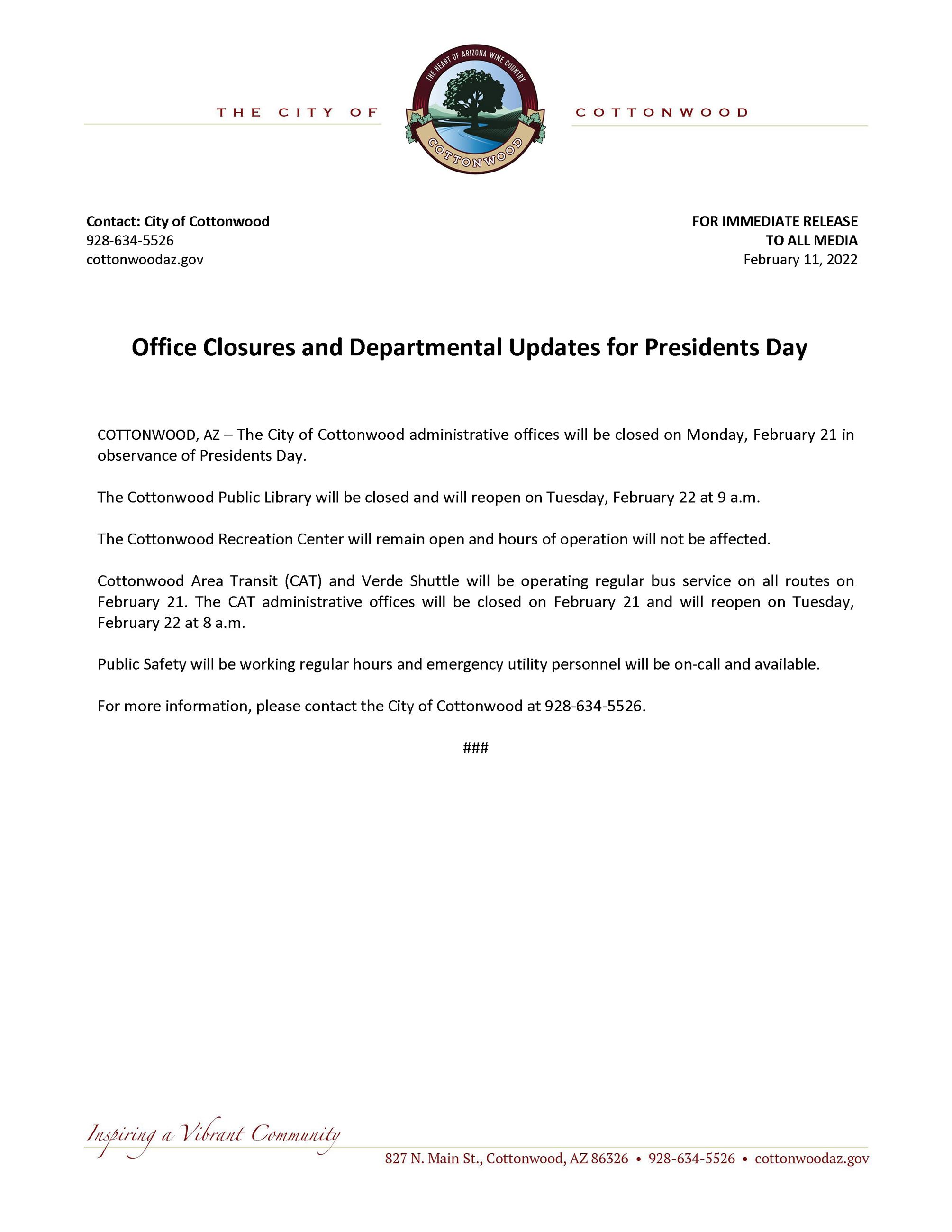 PRESS RELEASE - Presidents Day 2022