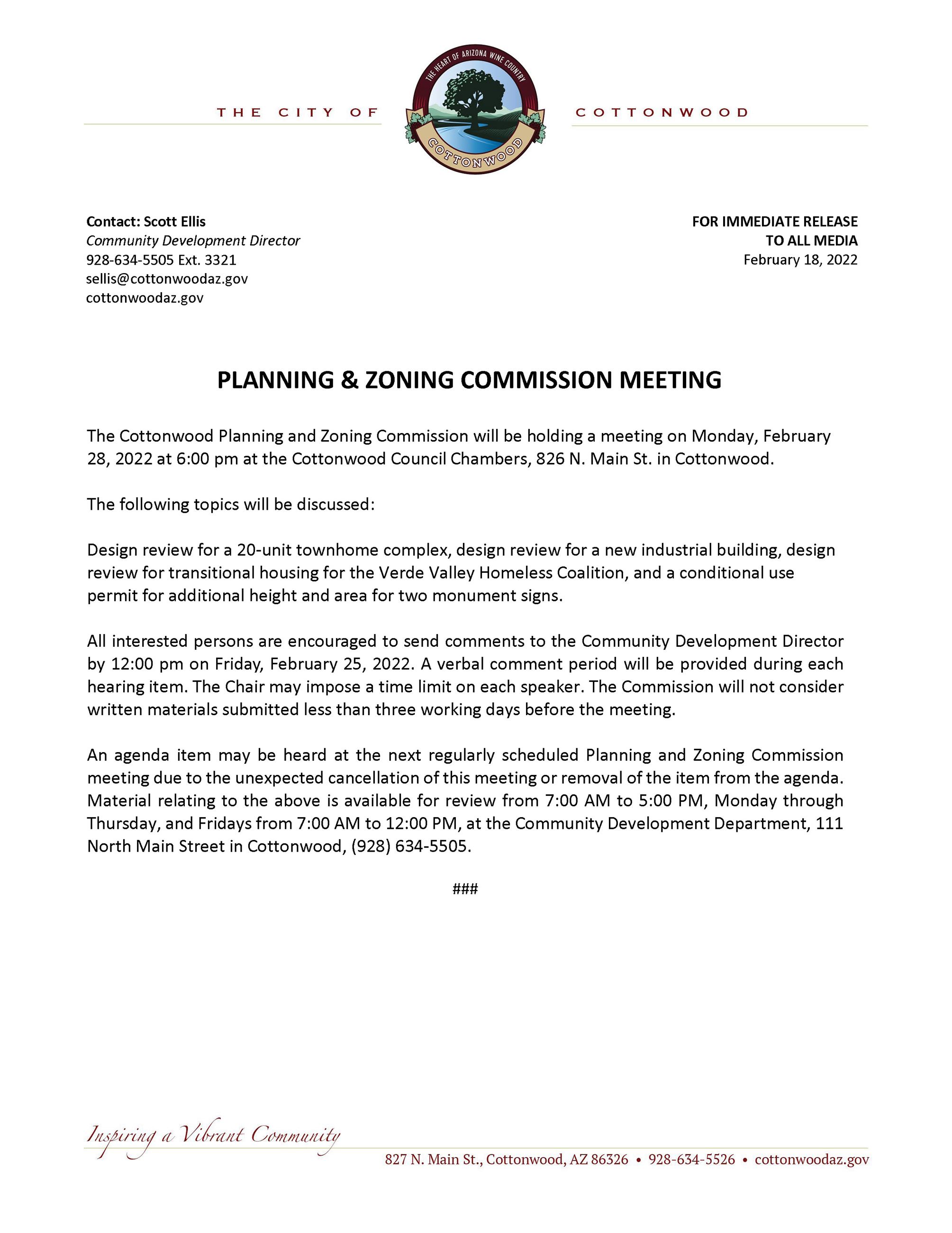 PRESS RELEASE - Planning and Zoning Commission Meeting