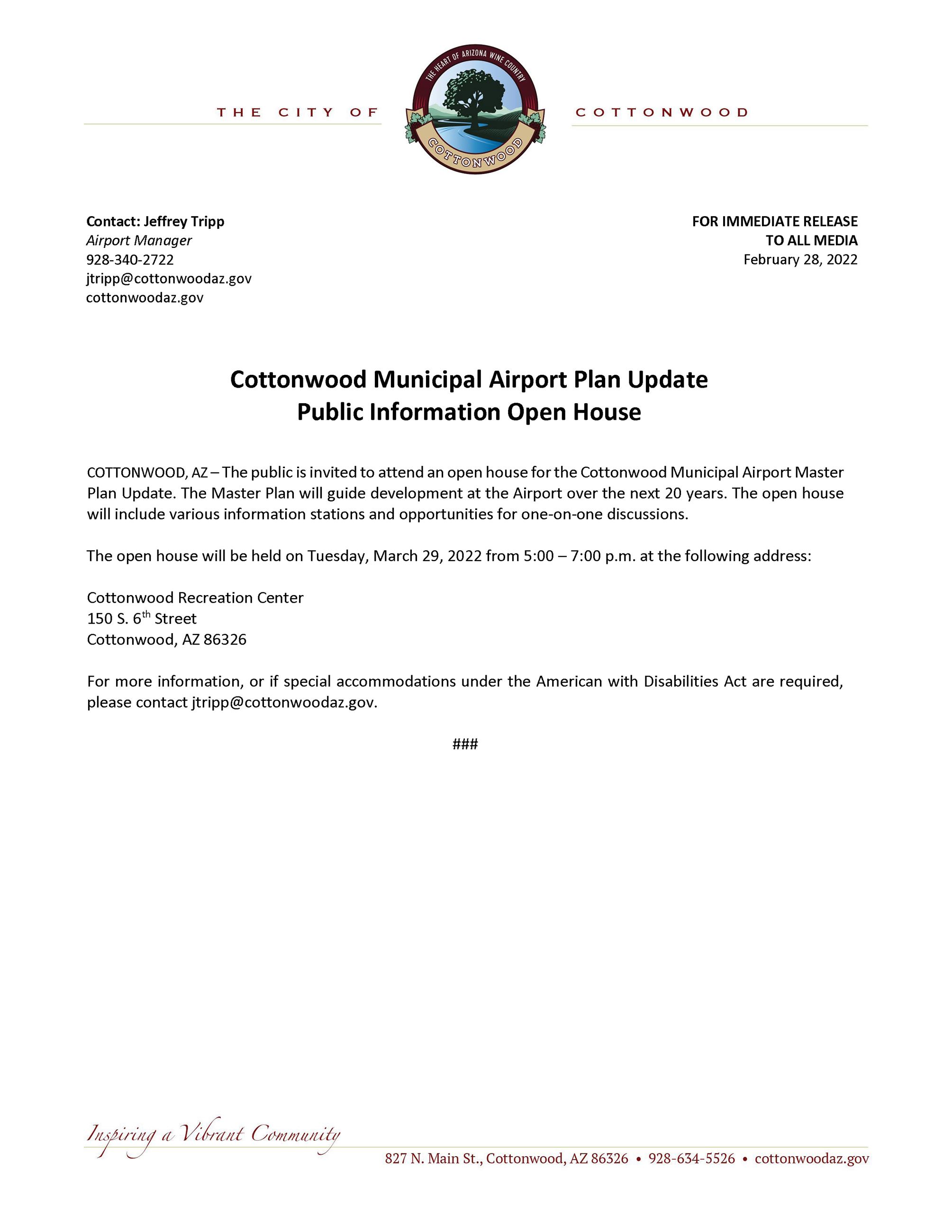 PRESS RELEASE  - Cottonwood Municipal Airport Master Plan Update Public Information Open House