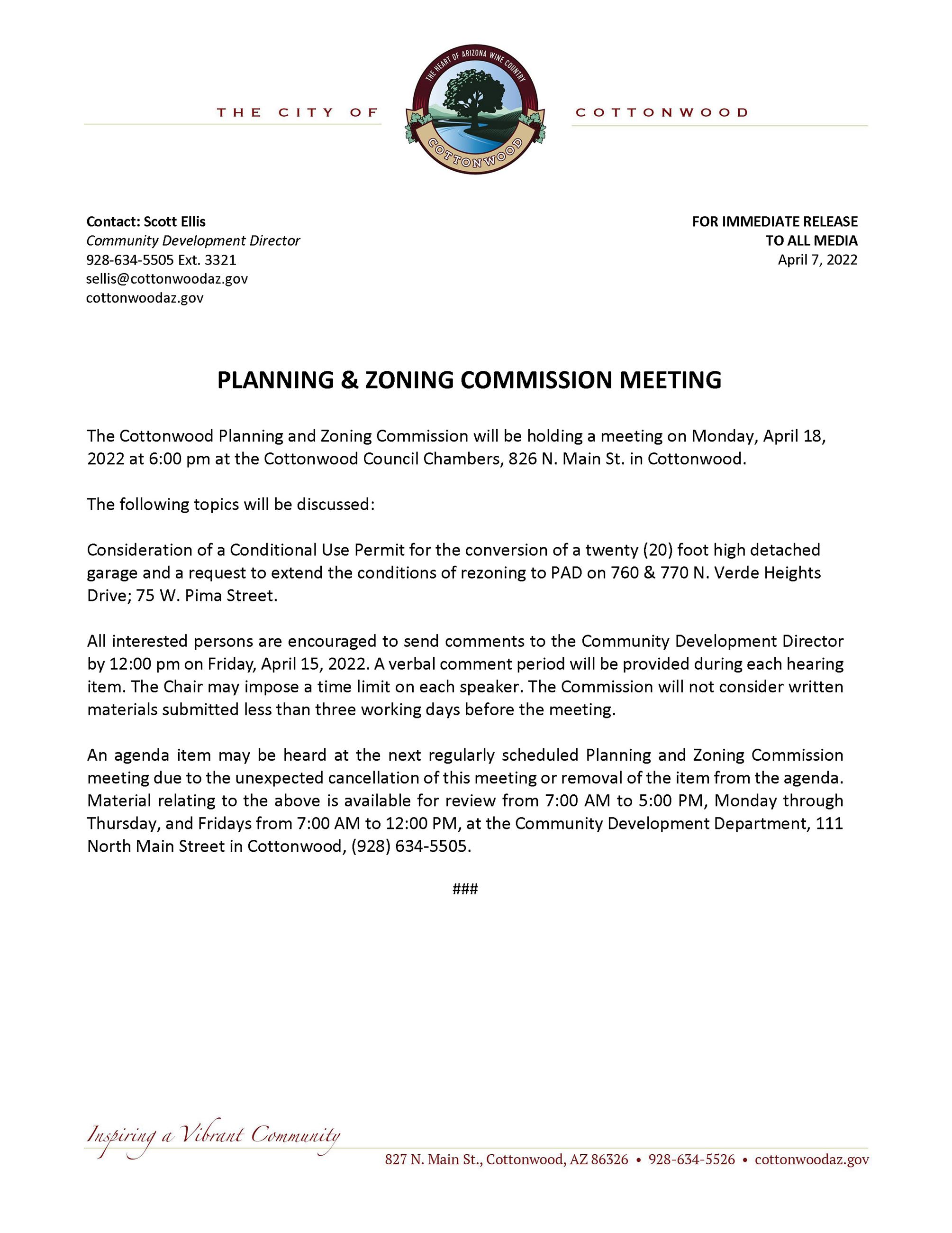 PRESS RELEASE - Planning and Zoning Commission Meeting