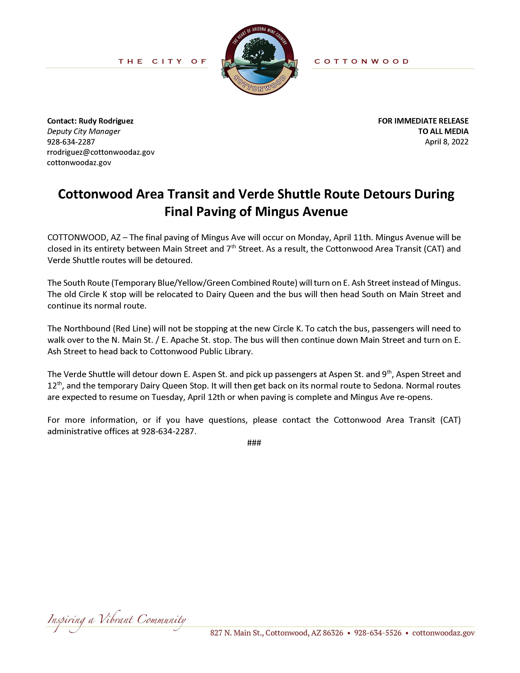 PRESS RELEASE - CAT Detours During Mingus Ave Paving