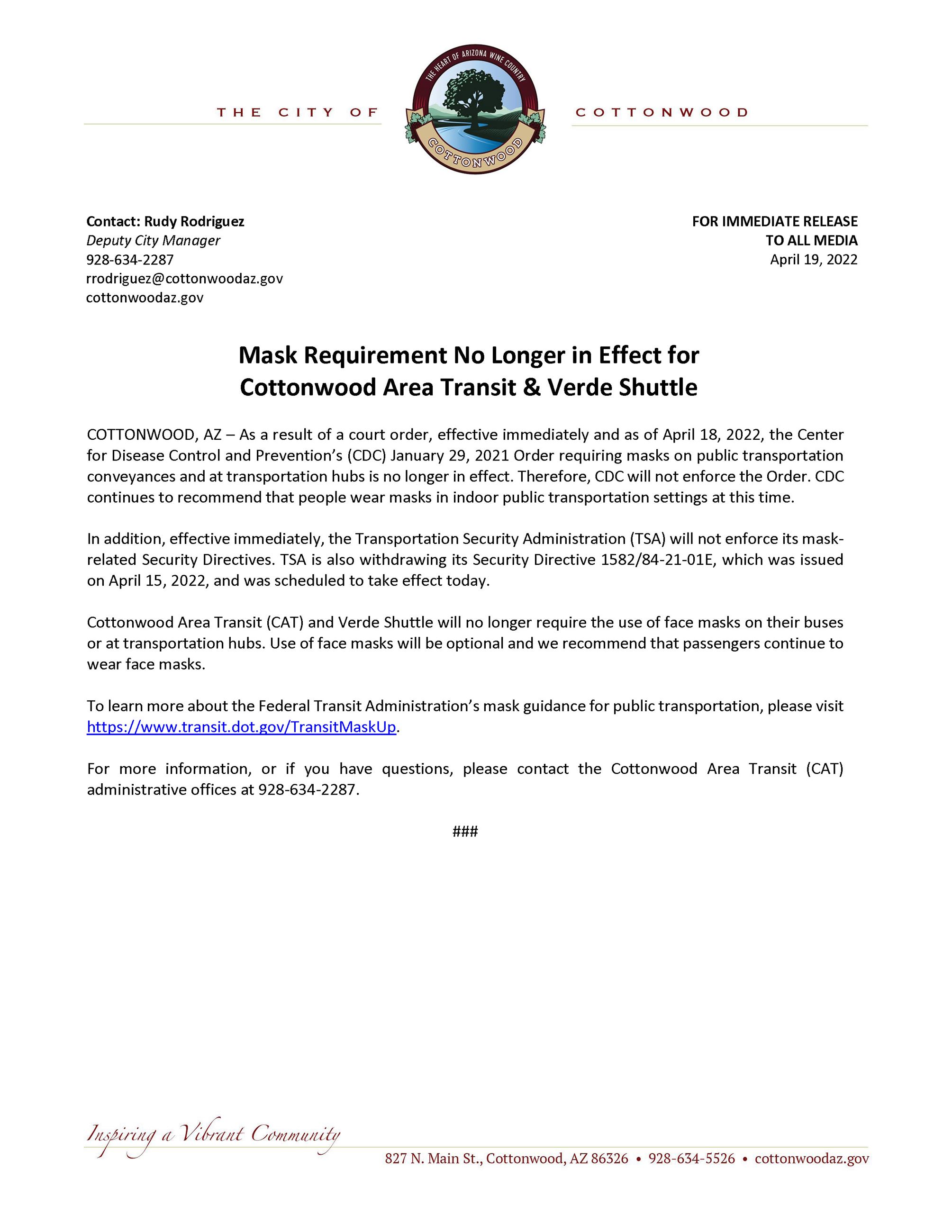 PRESS RELEASE - Mask Requirement Ends for CAT and Verde Shuttle