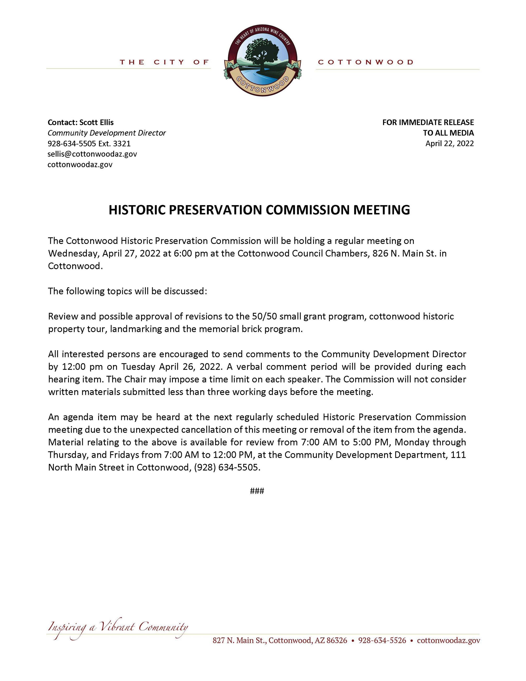 PRESS RELEASE - Cottonwood Historic Preservation Commission Meeting