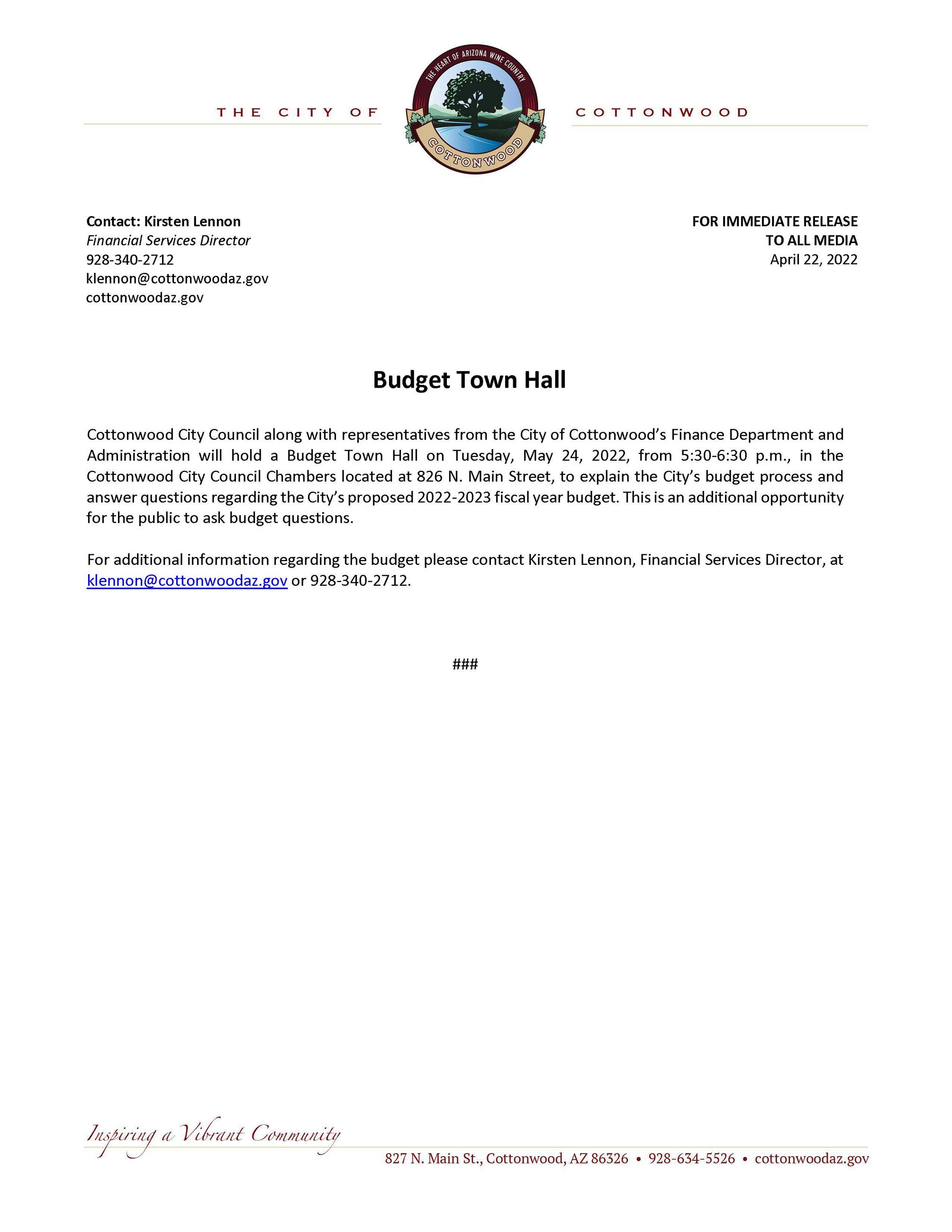PRESS RELEASE - Budget Town Hall