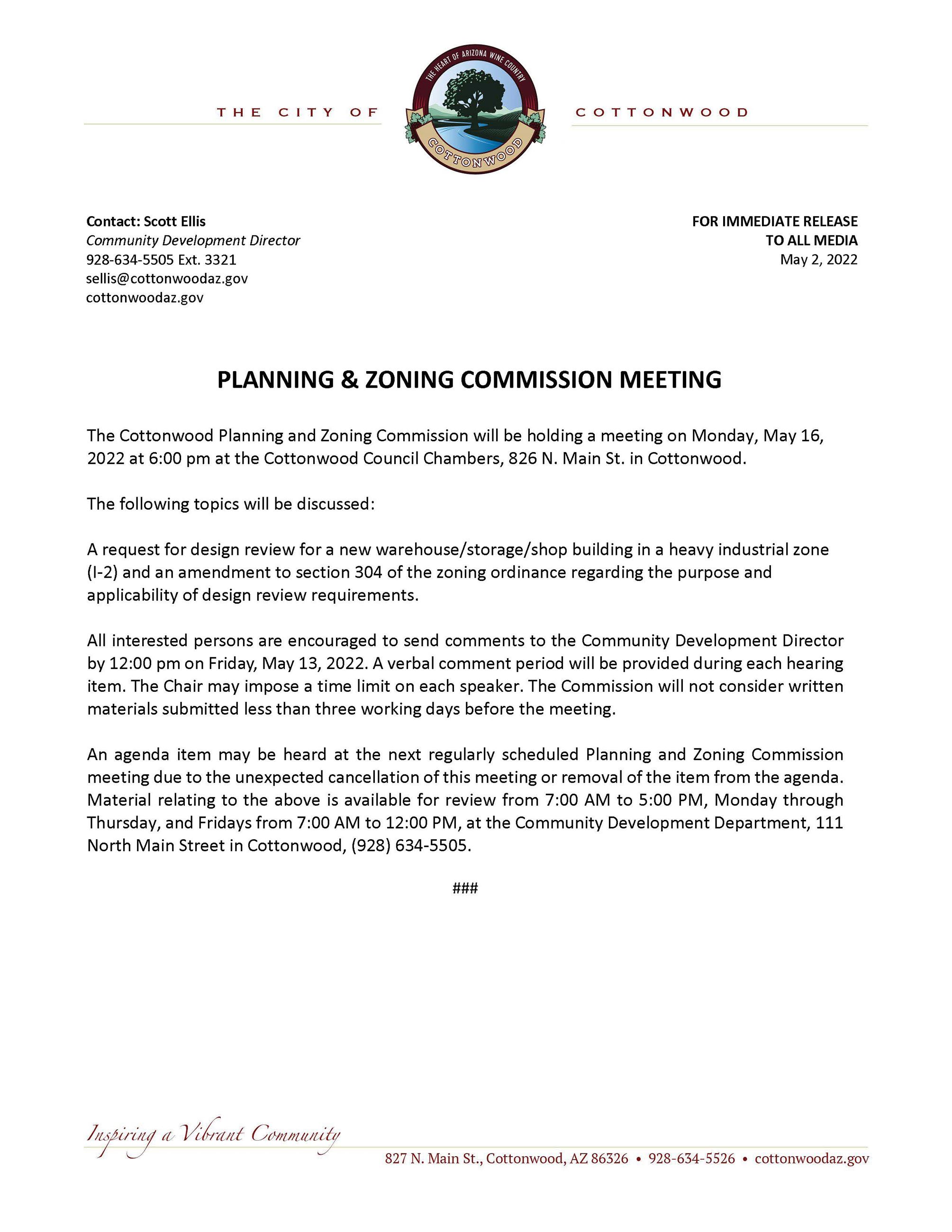 PRESS RELEASE - Cottonwood Planning and Zoning Commission Meeting