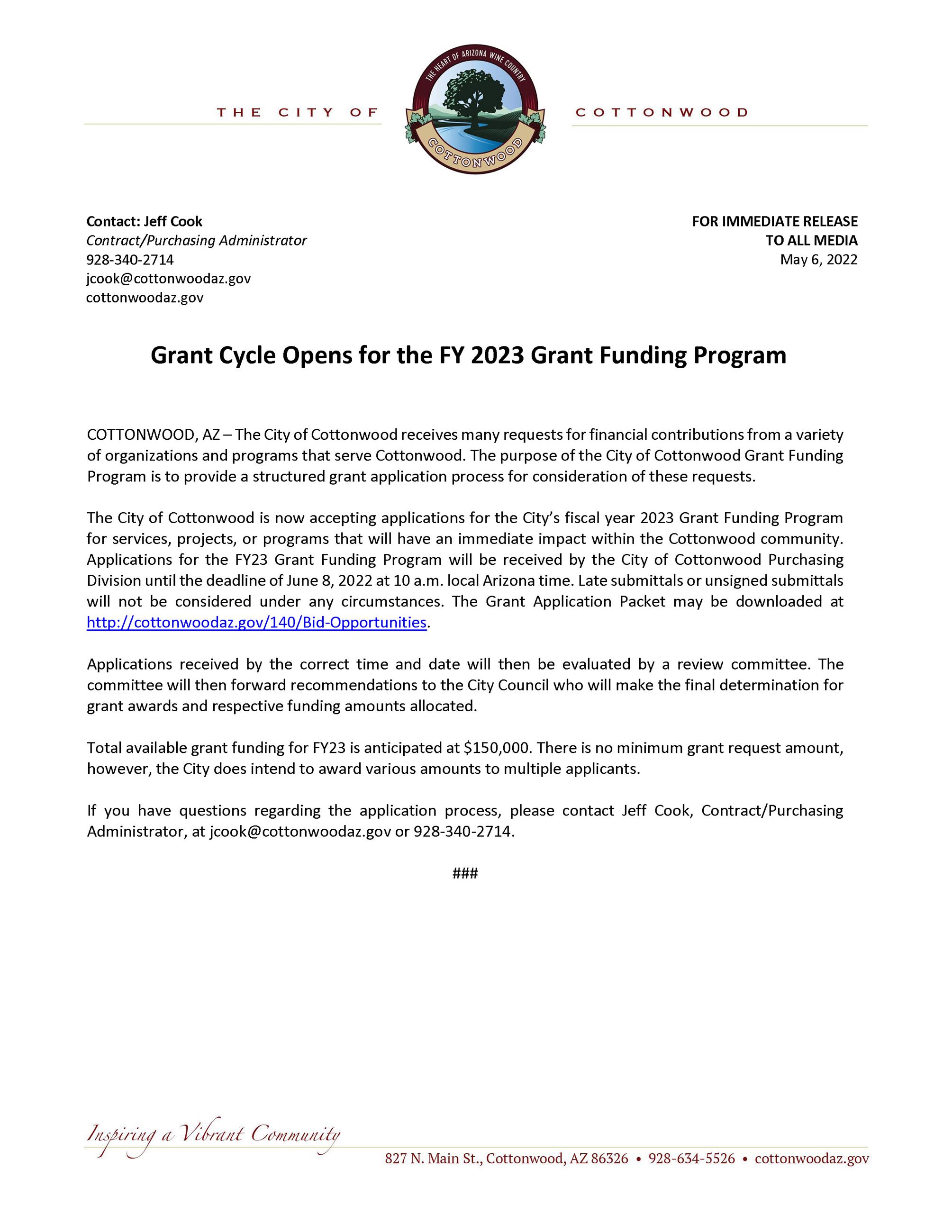 PRESS RELEASE - FY 2023 Grant Funding Program