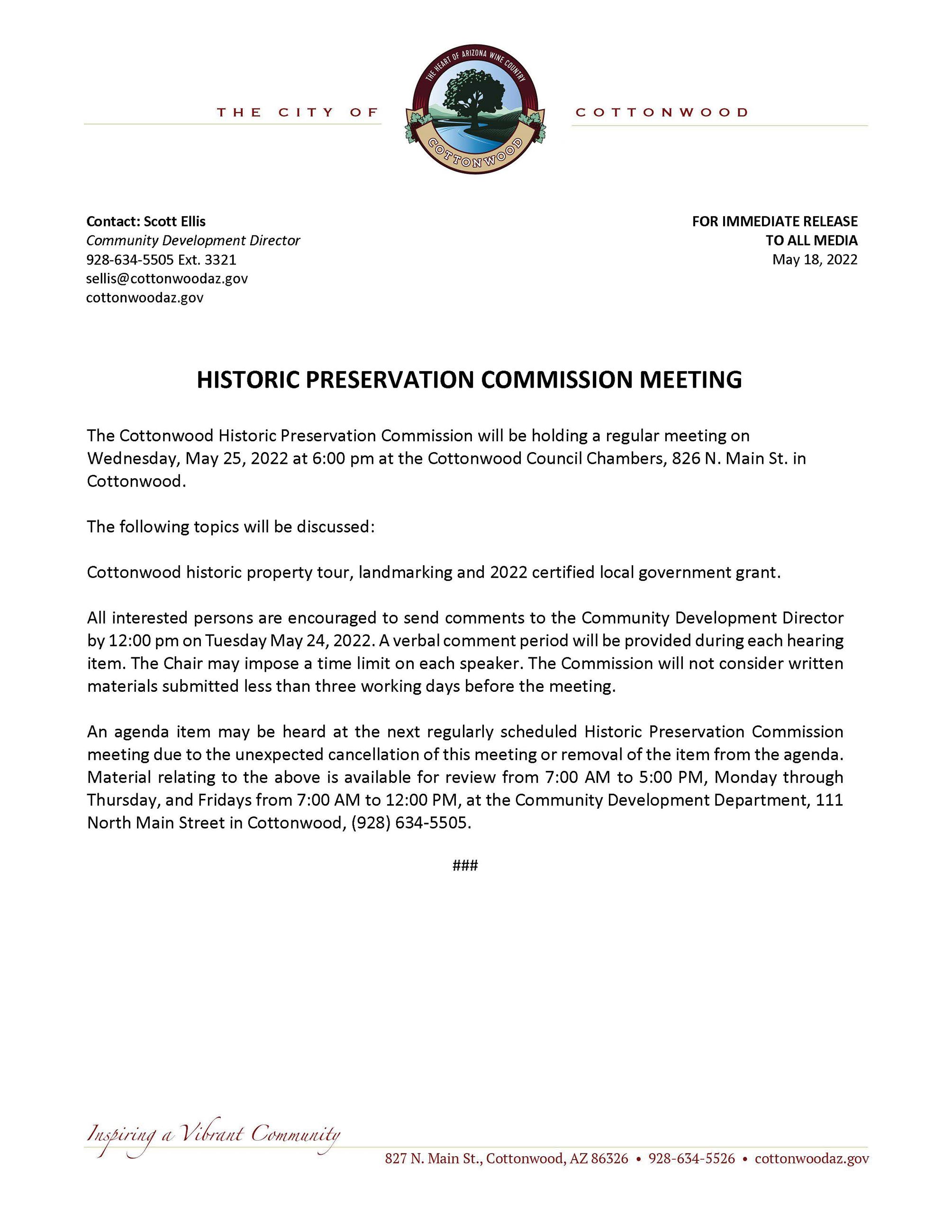 PRESS RELEASE - City of Cottonwood Historic Preservation Commission Meeting